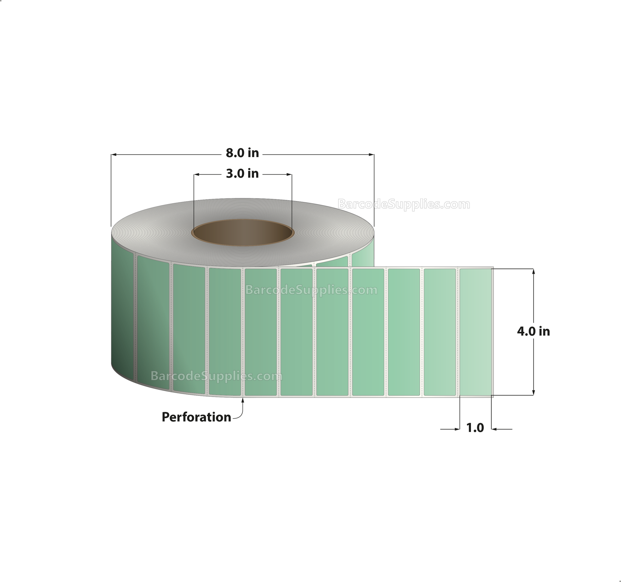 4 x 1 Thermal Transfer 345 Green Labels With Permanent Adhesive - Perforated - 5500 Labels Per Roll - Carton Of 4 Rolls - 22000 Labels Total - MPN: RFC-4-1-5500-GR