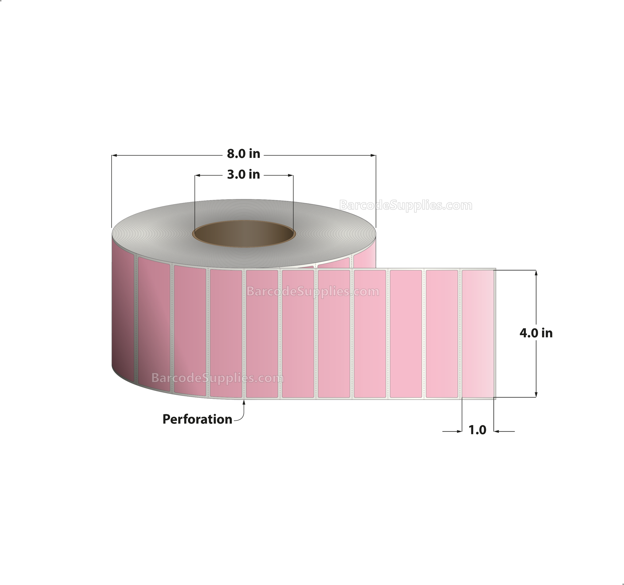 4 x 1 Thermal Transfer 176 Pink Labels With Permanent Adhesive - Perforated - 5500 Labels Per Roll - Carton Of 4 Rolls - 22000 Labels Total - MPN: RFC-4-1-5500-PK