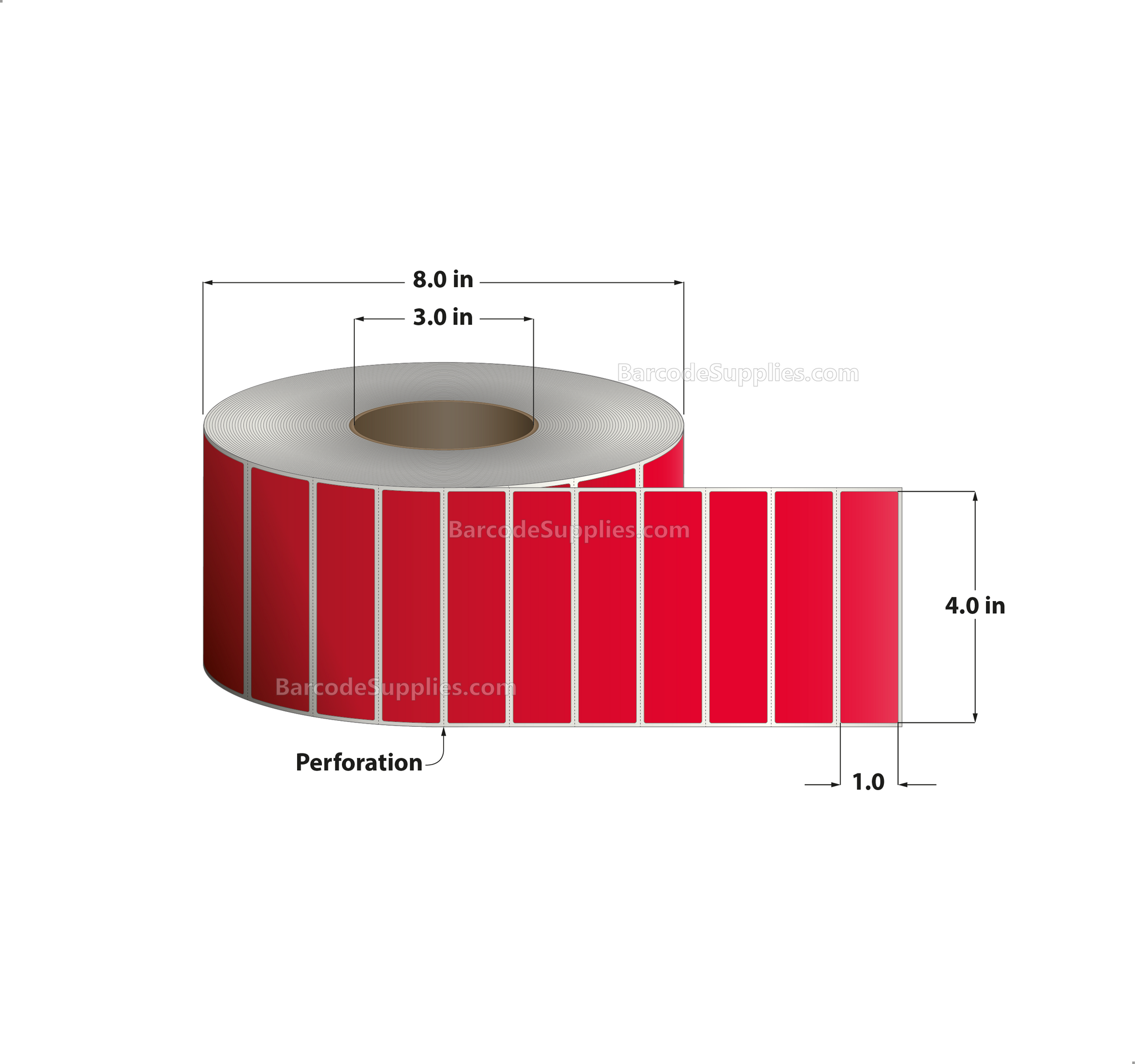 4 x 1 Thermal Transfer 032 Red Labels With Permanent Adhesive - Perforated - 5500 Labels Per Roll - Carton Of 4 Rolls - 22000 Labels Total - MPN: RFC-4-1-5500-RD