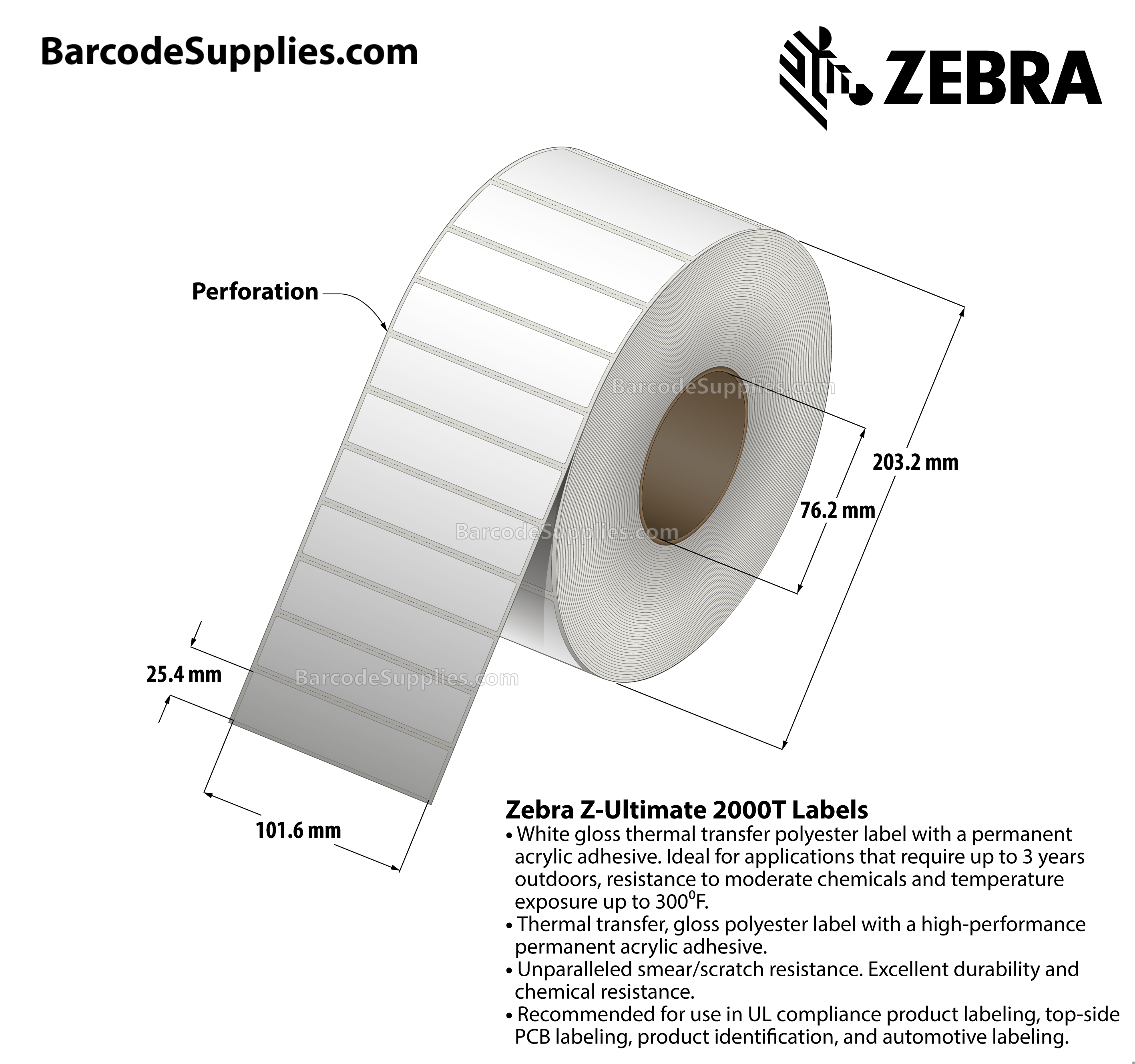 4 x 1 Thermal Transfer White Z-Ultimate 2000T Labels With Permanent Adhesive - Perforated - 5500 Labels Per Roll - Carton Of 4 Rolls - 22000 Labels Total - MPN: 10017522