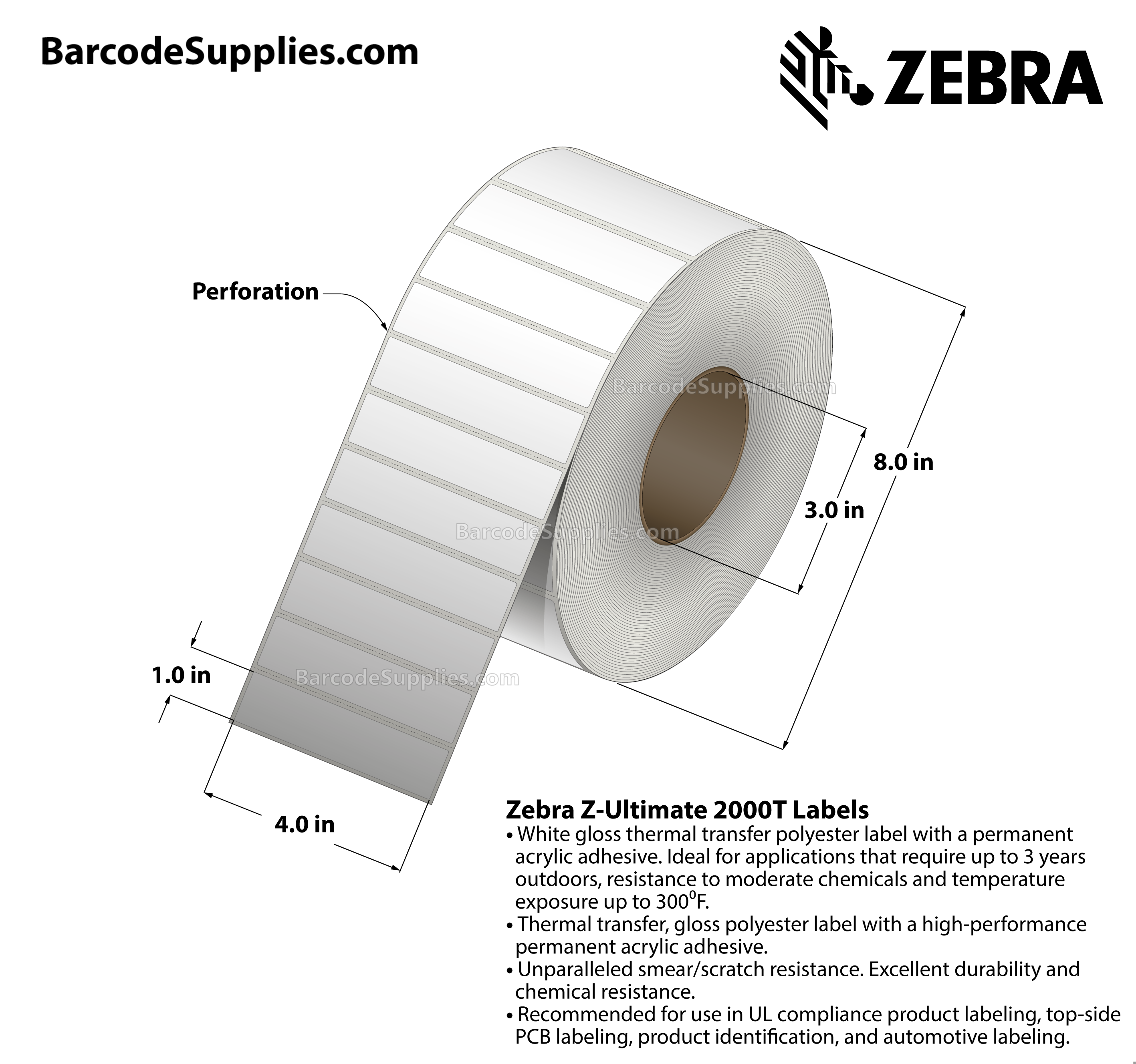 4 x 1 Thermal Transfer White Z-Ultimate 2000T Labels With Permanent Adhesive - Perforated - 5500 Labels Per Roll - Carton Of 4 Rolls - 22000 Labels Total - MPN: 10017522