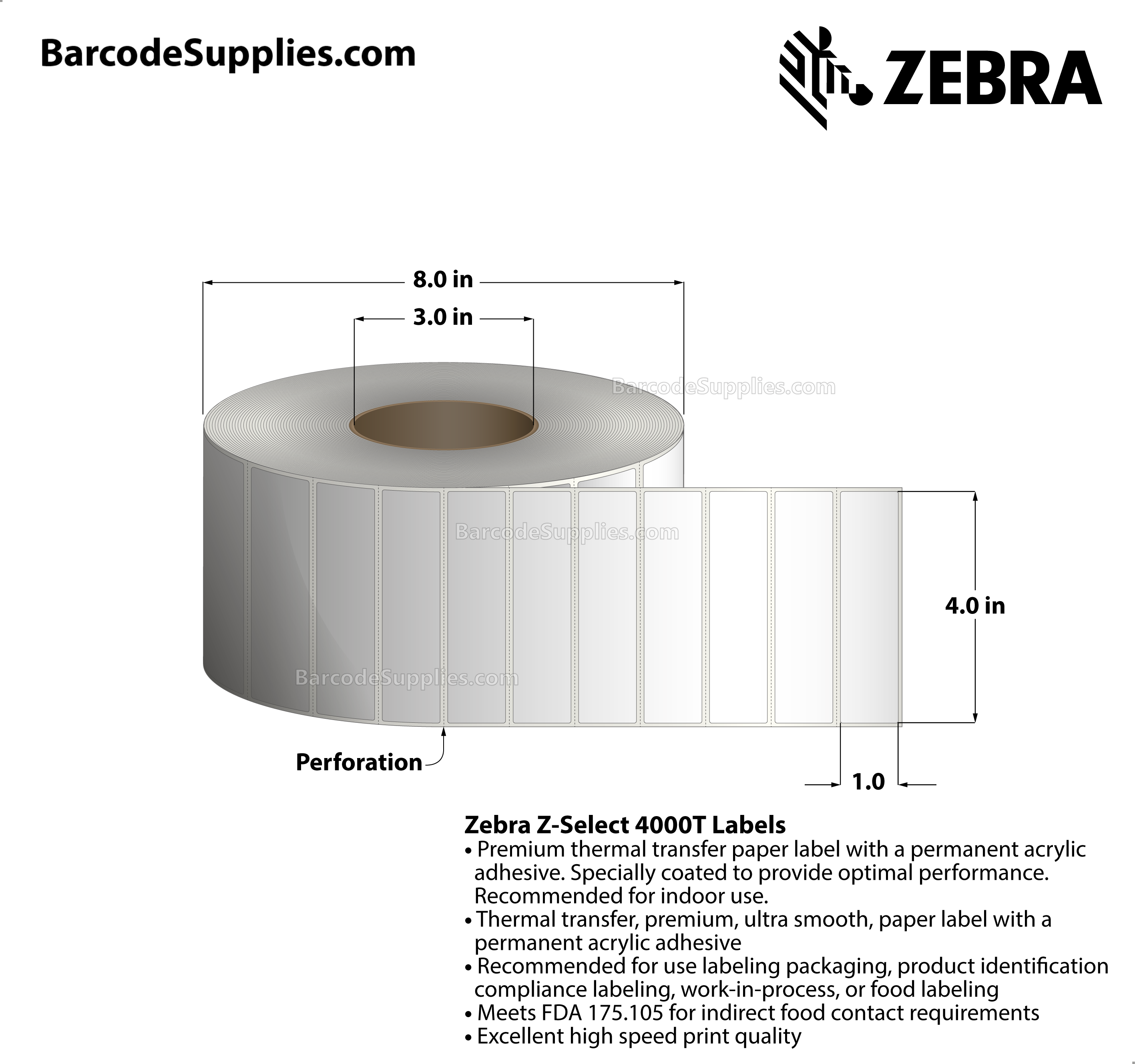 4 x 1 Thermal Transfer White Z-Select 4000T Labels With Permanent Adhesive - Perforated - 4970 Labels Per Roll - Carton Of 4 Rolls - 19880 Labels Total - MPN: 92071