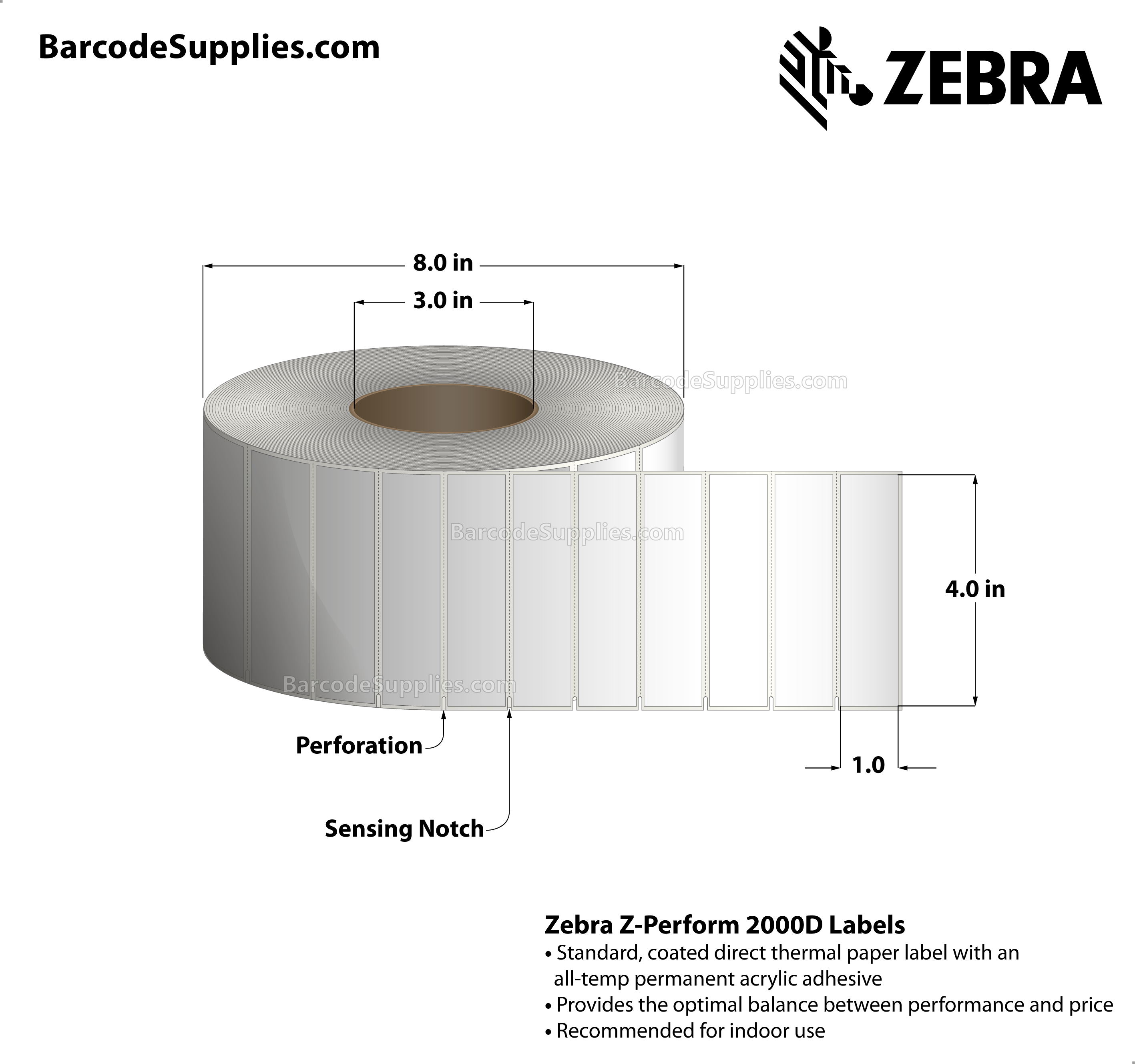 4 x 1 Direct Thermal White Z-Perform 2000D Labels With Permanent Adhesive - Label has square edges and side sensing notches on left side. - Perforated - 6000 Labels Per Roll - Carton Of 2 Rolls - 12000 Labels Total - MPN: 10025354