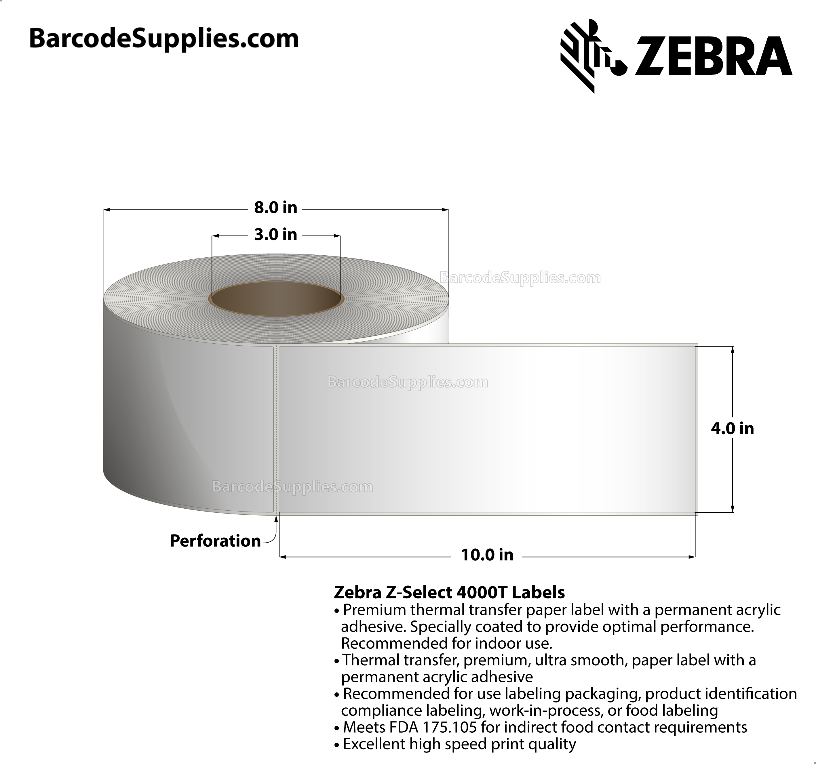4 x 10 Thermal Transfer White Z-Select 4000T Labels With Permanent Adhesive - Perforated - 550 Labels Per Roll - Carton Of 4 Rolls - 2200 Labels Total - MPN: 94682