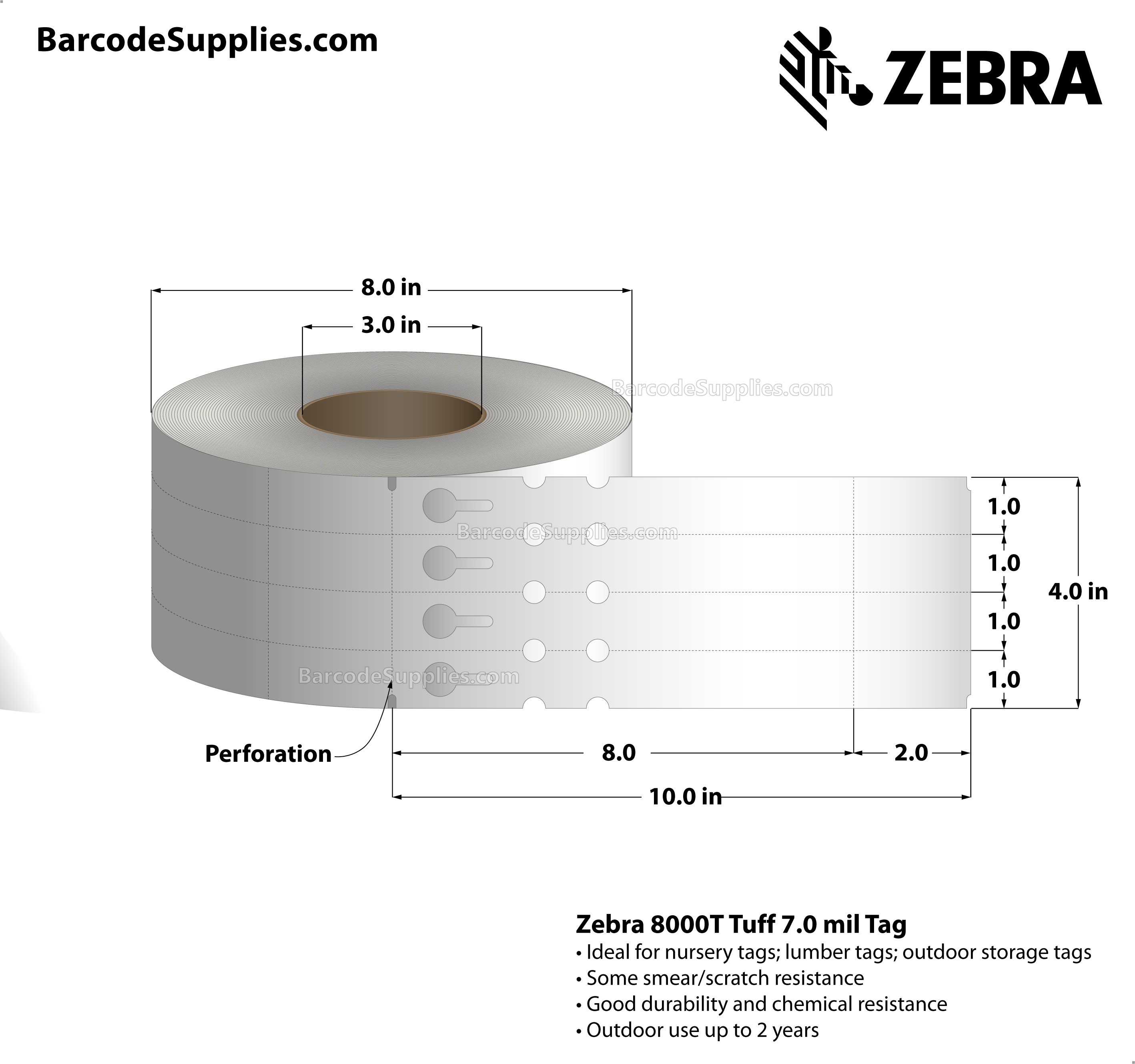 1 x 10 Thermal Transfer White 8000T Tuff 7.0 mil Tag Tags With No Adhesive - Nursery tag - Perforated - 1920 Tags Per Roll - Carton Of 4 Rolls - 7680 Tags Total - MPN: 69531