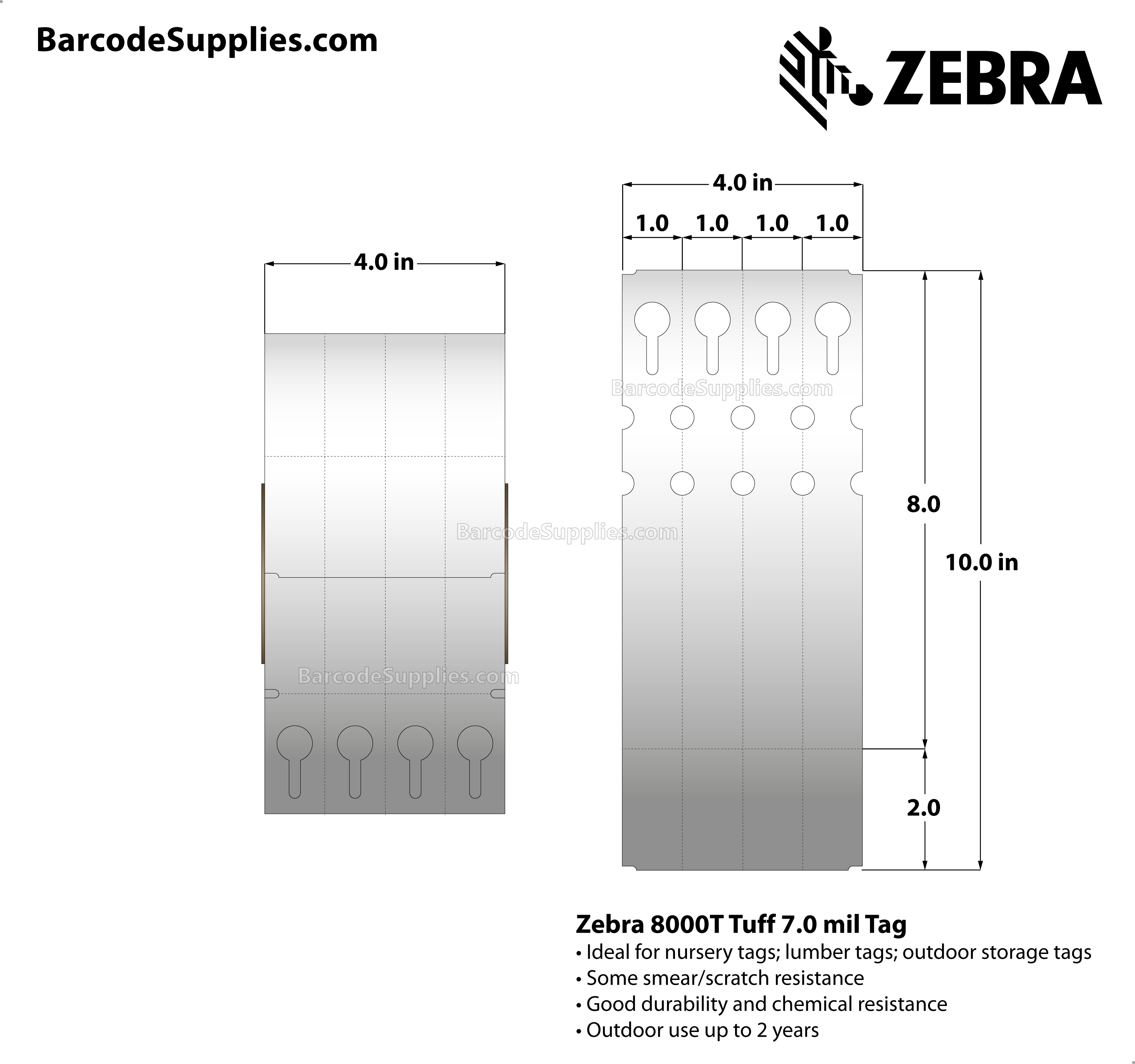 1 x 10 Thermal Transfer White 8000T Tuff 7.0 mil Tag Tags With No Adhesive - Nursery tag - Perforated - 1920 Tags Per Roll - Carton Of 4 Rolls - 7680 Tags Total - MPN: 69531