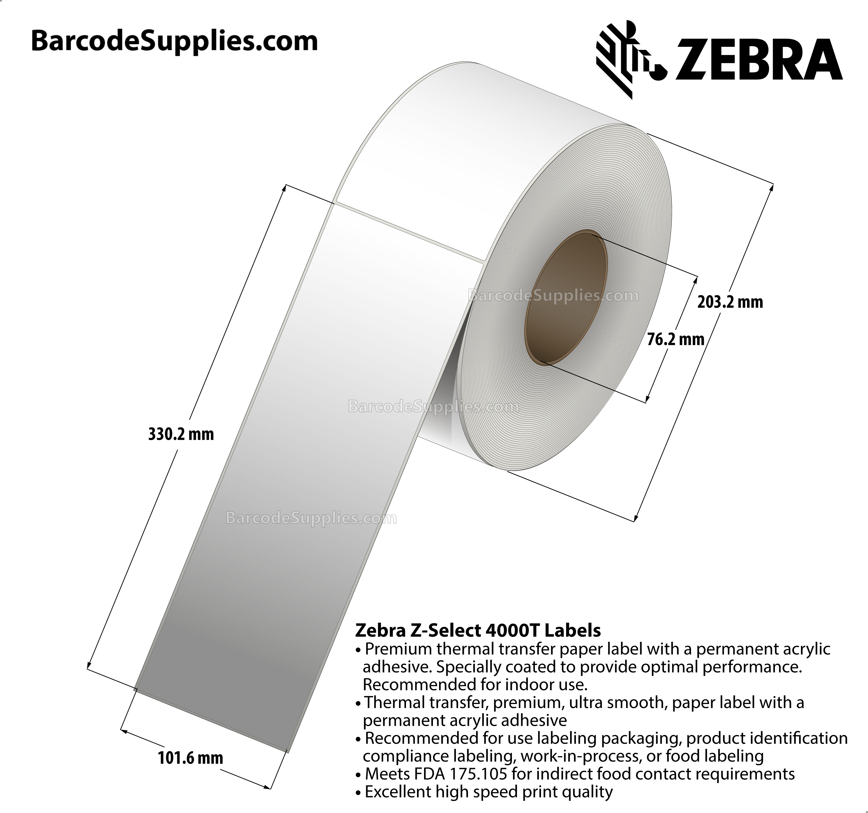 4 x 13 Thermal Transfer White Z-Select 4000T Labels With Permanent Adhesive - Not Perforated - 440 Labels Per Roll - Carton Of 4 Rolls - 1760 Labels Total - MPN: 72297
