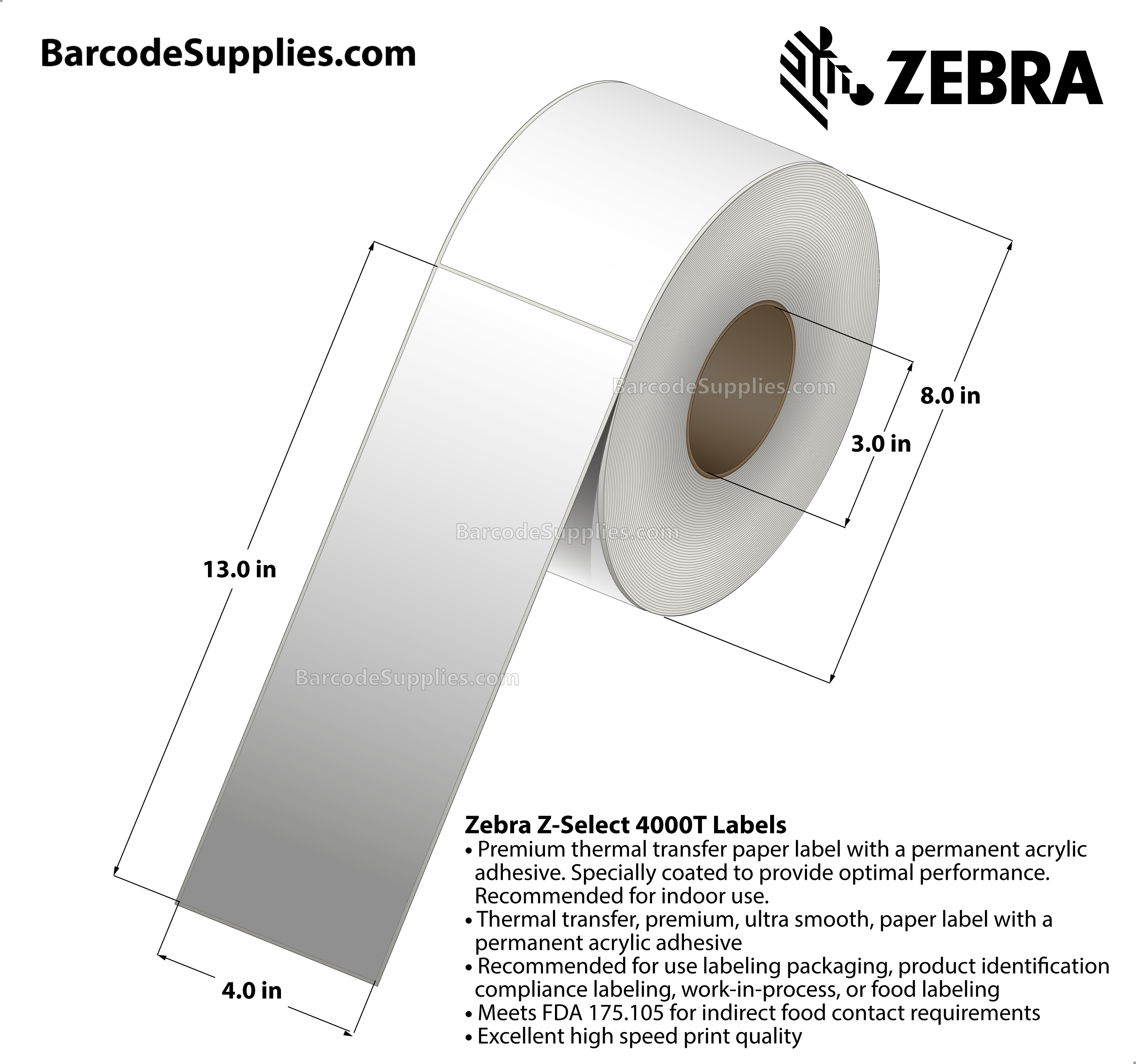4 x 13 Thermal Transfer White Z-Select 4000T Labels With Permanent Adhesive - Not Perforated - 440 Labels Per Roll - Carton Of 4 Rolls - 1760 Labels Total - MPN: 72297