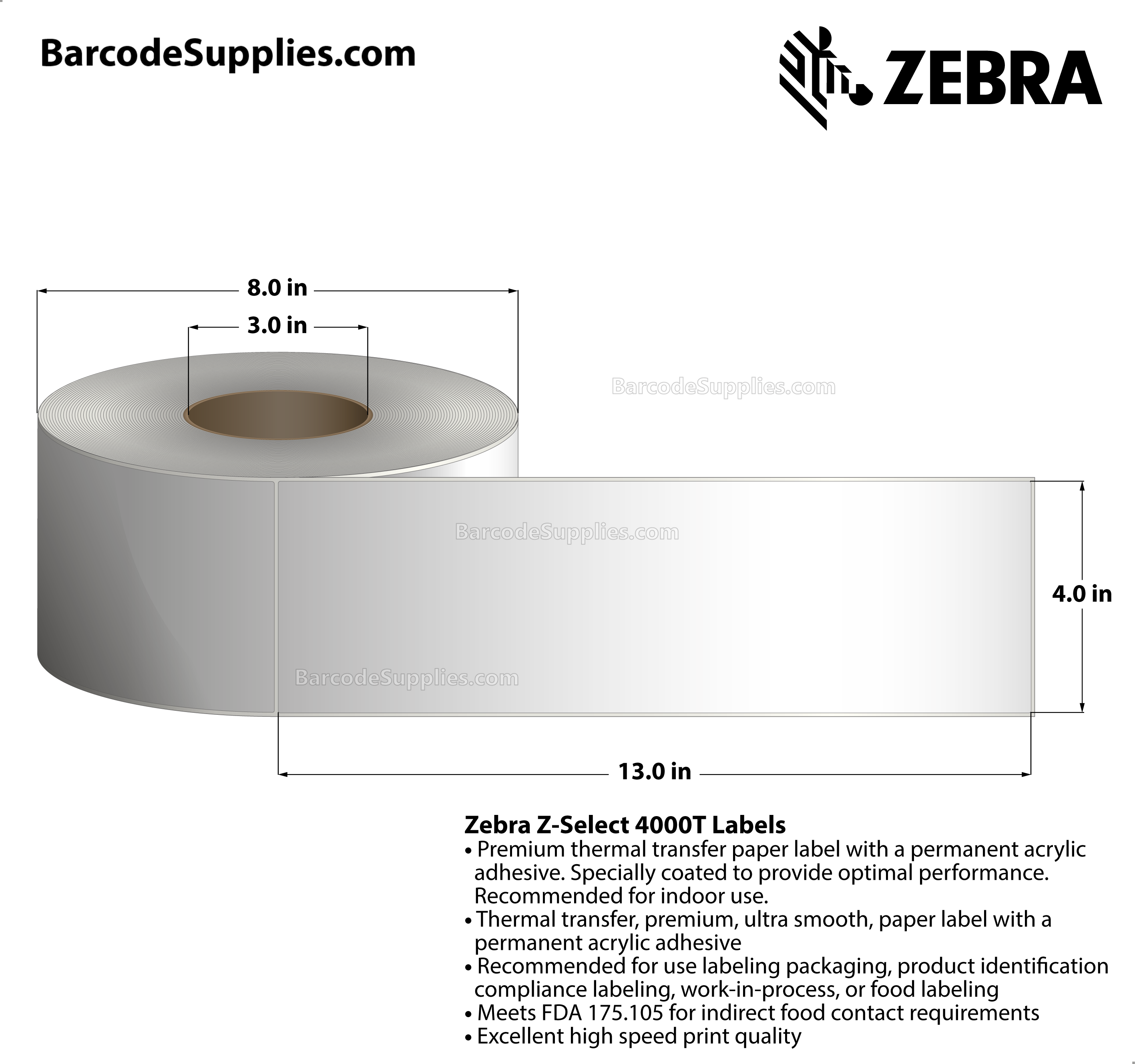 4 x 13 Thermal Transfer White Z-Select 4000T Labels With Permanent Adhesive - Not Perforated - 440 Labels Per Roll - Carton Of 4 Rolls - 1760 Labels Total - MPN: 72297