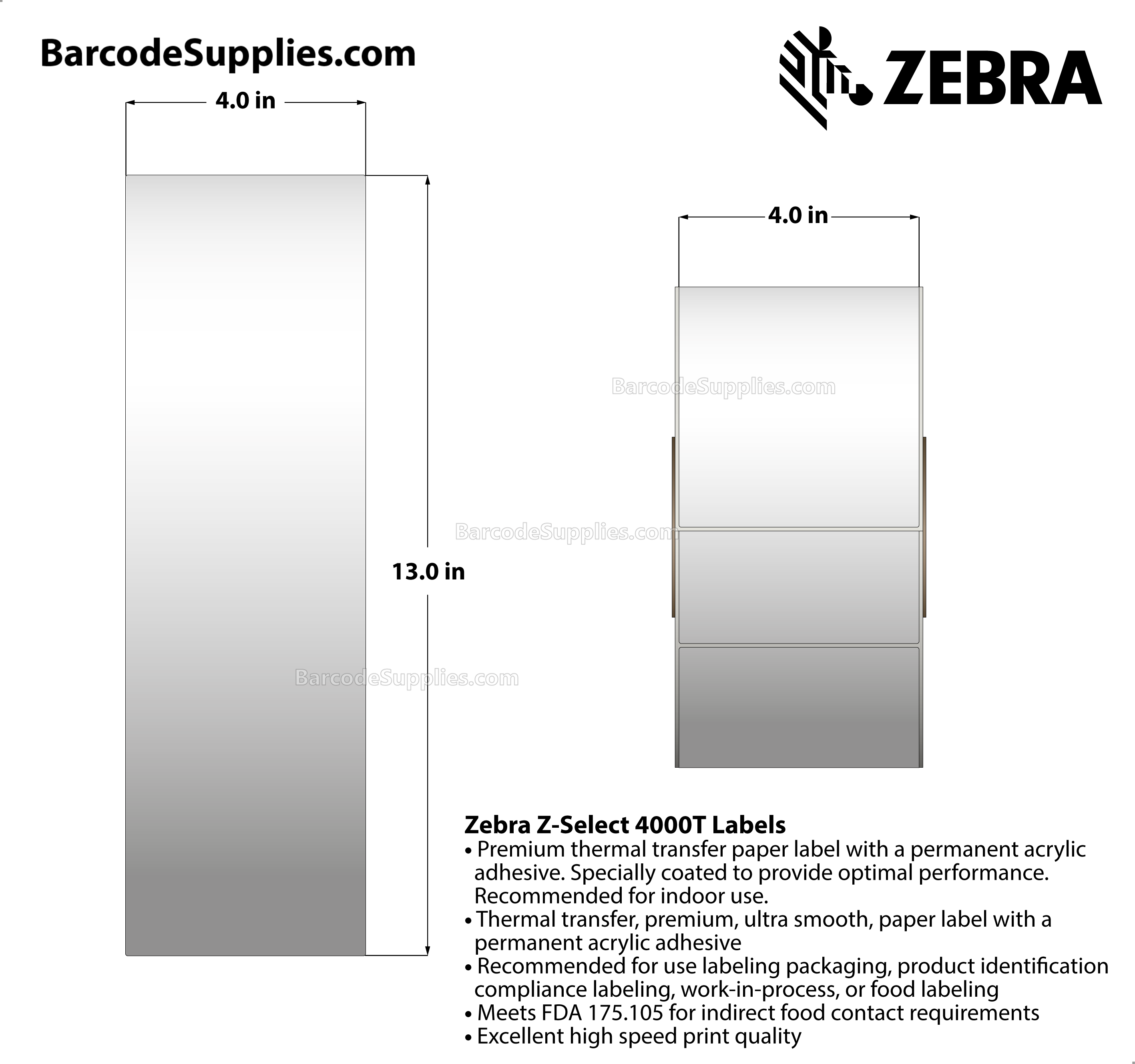 4 x 13 Thermal Transfer White Z-Select 4000T Labels With Permanent Adhesive - Not Perforated - 440 Labels Per Roll - Carton Of 4 Rolls - 1760 Labels Total - MPN: 72297