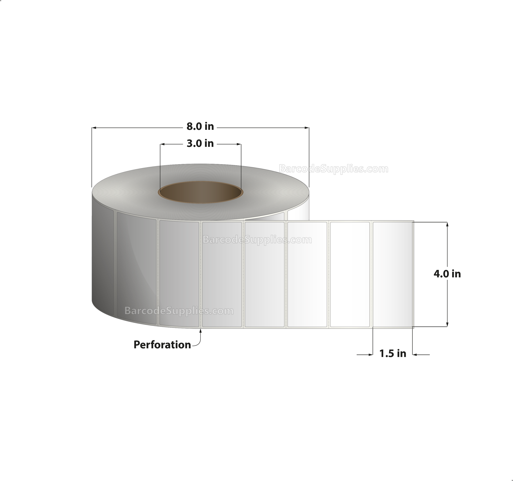 4 x 1.5 Direct Thermal White Labels With Acrylic Adhesive - Perforated - 3600 Labels Per Roll - Carton Of 4 Rolls - 14400 Labels Total - MPN: RD-4-15-3600-3 - BarcodeSource, Inc.