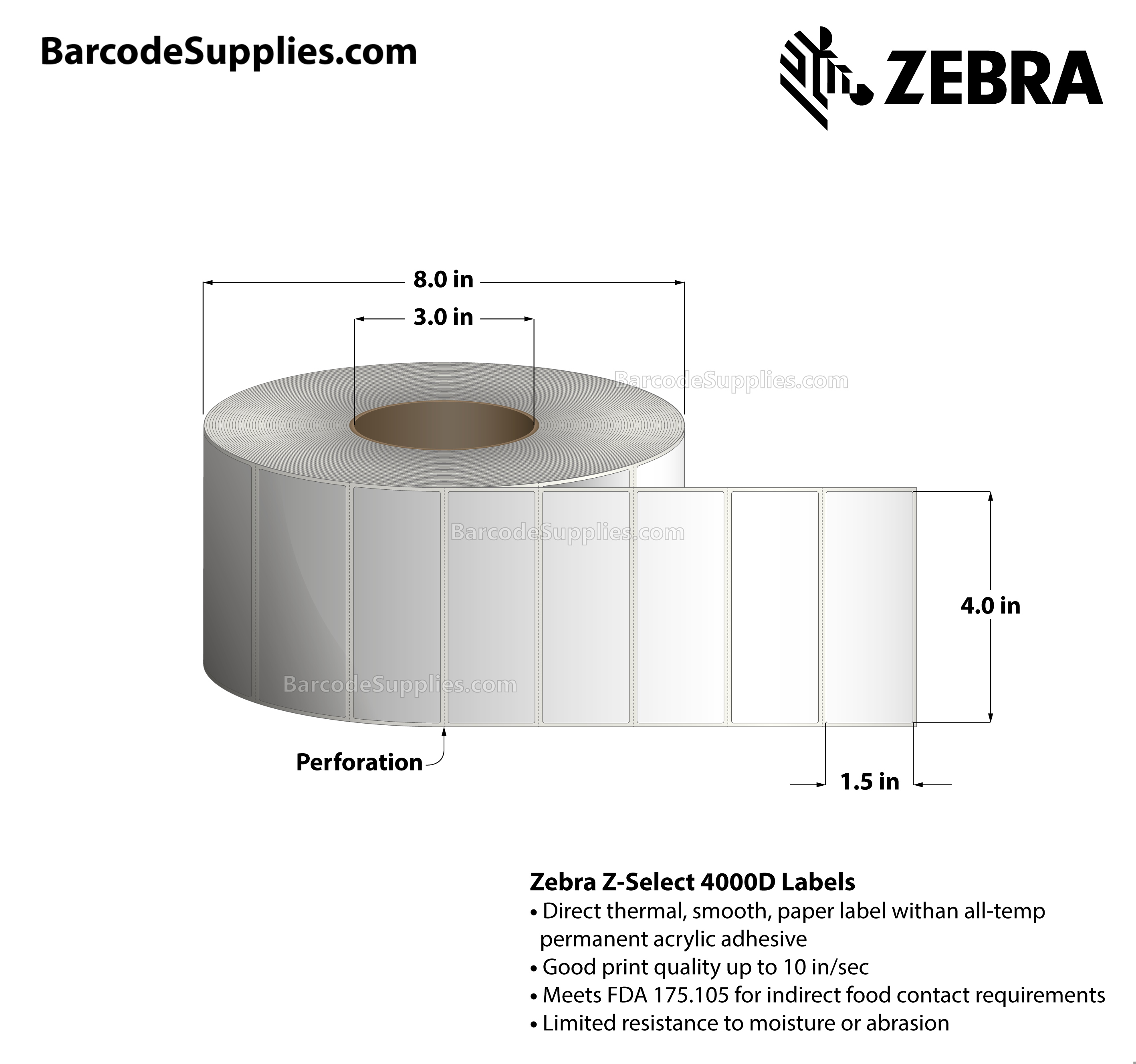 Products 4 x 1.5 Direct Thermal White Z-Select 4000D Labels With All-Temp Adhesive - Perforated - 4225 Labels Per Roll - Carton Of 4 Rolls - 16900 Labels Total - MPN: 10015348
