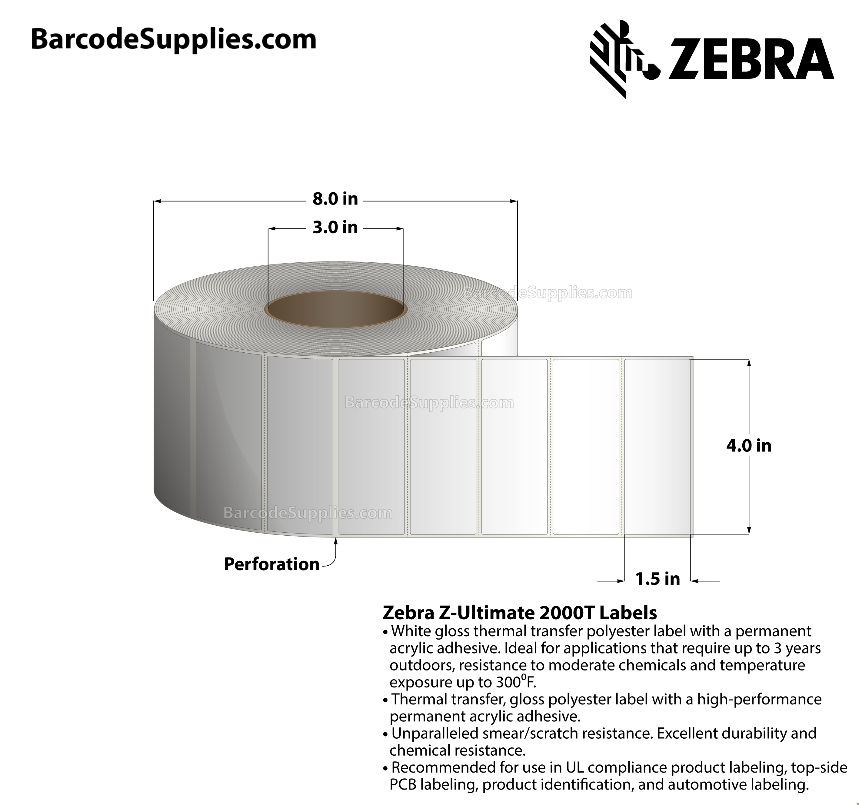 4 x 1.5 Thermal Transfer White Z-Ultimate 2000T Labels With Permanent Adhesive - Perforated - 3800 Labels Per Roll - Carton Of 4 Rolls - 15200 Labels Total - MPN: 10018339