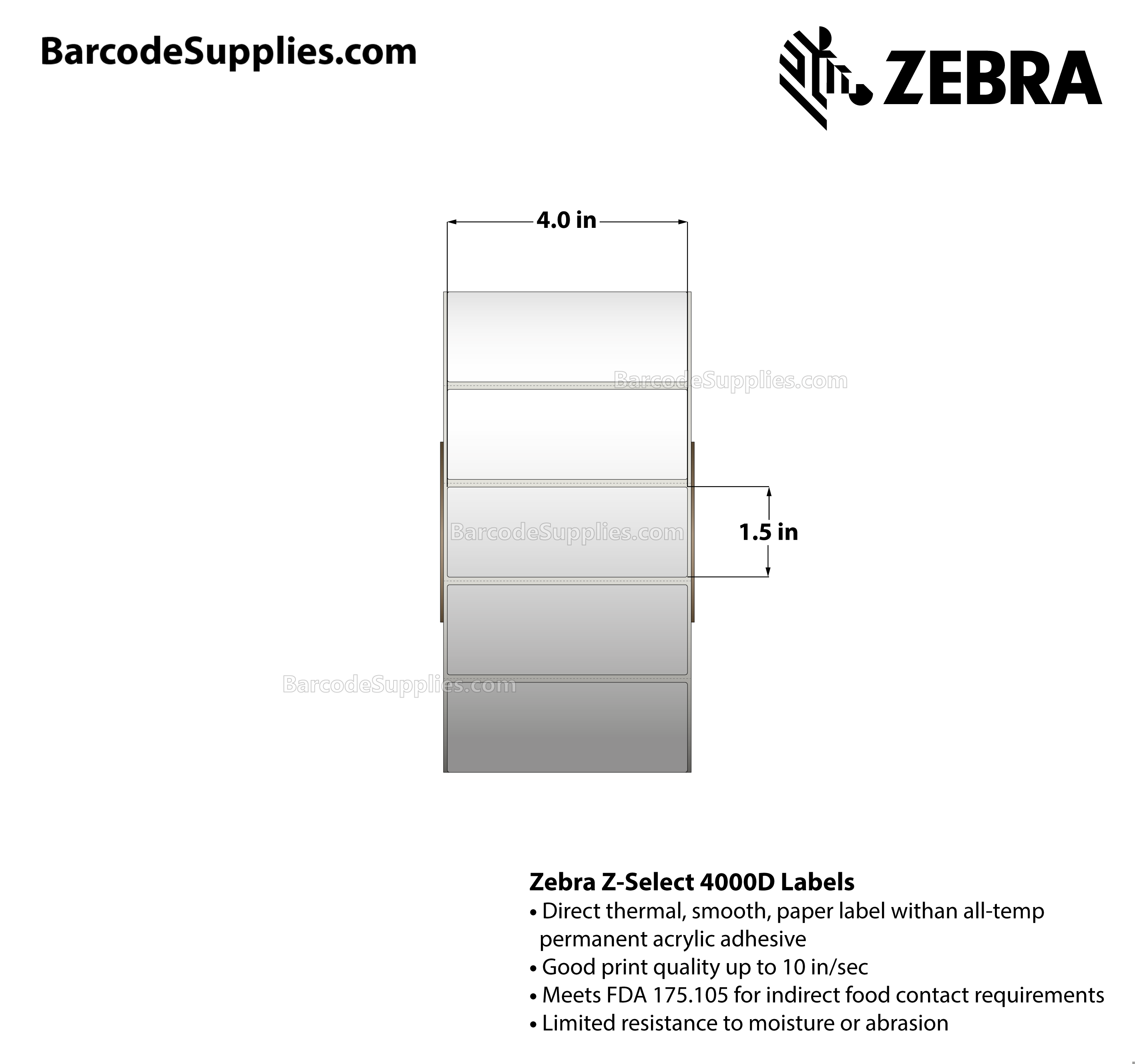 Products 4 x 1.5 Direct Thermal White Z-Select 4000D Labels With All-Temp Adhesive - Perforated - 4225 Labels Per Roll - Carton Of 4 Rolls - 16900 Labels Total - MPN: 10015348
