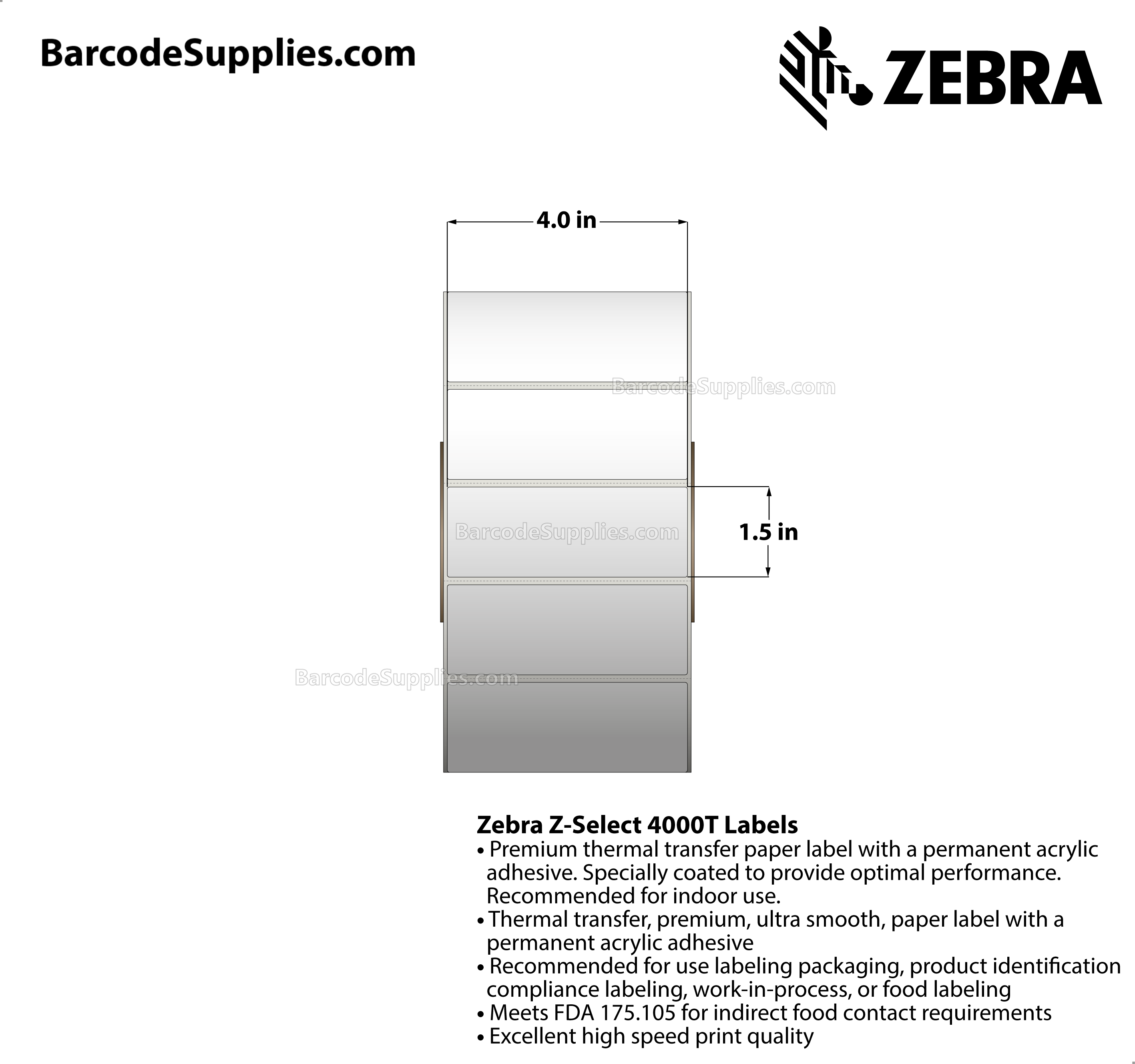 4 x 1.5 Thermal Transfer White Z-Select 4000T Labels With Permanent Adhesive - Perforated - 4225 Labels Per Roll - Carton Of 4 Rolls - 16900 Labels Total - MPN: 800640-155