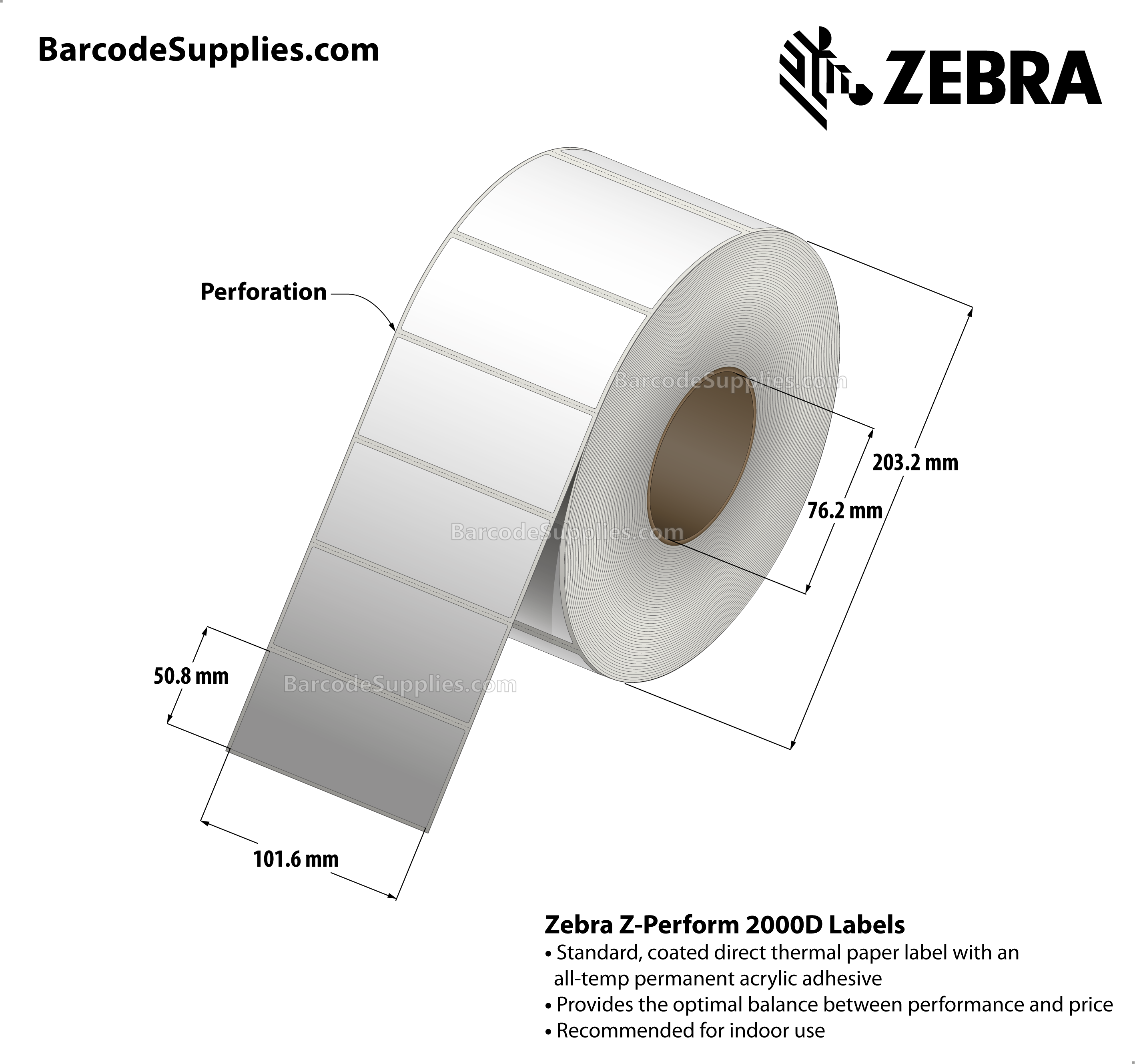 4 x 2 Direct Thermal White Z-Perform 2000D Labels With All-Temp Adhesive - Perforated - 2719 Labels Per Roll - Carton Of 4 Rolls - 10876 Labels Total - MPN: 10015365