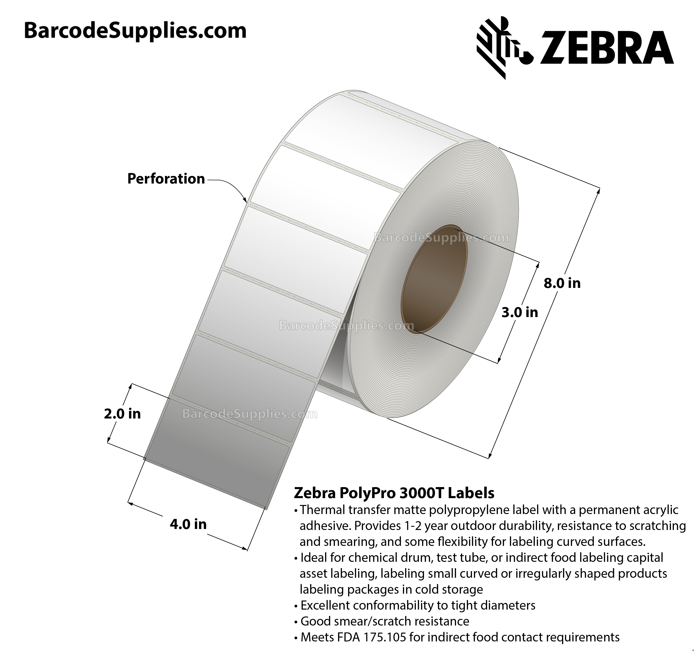 4 x 2 Thermal Transfer White PolyPro 3000T Labels With Permanent Adhesive - Perforated - 2441 Labels Per Roll - Carton Of 4 Rolls - 9764 Labels Total - MPN: 10011994