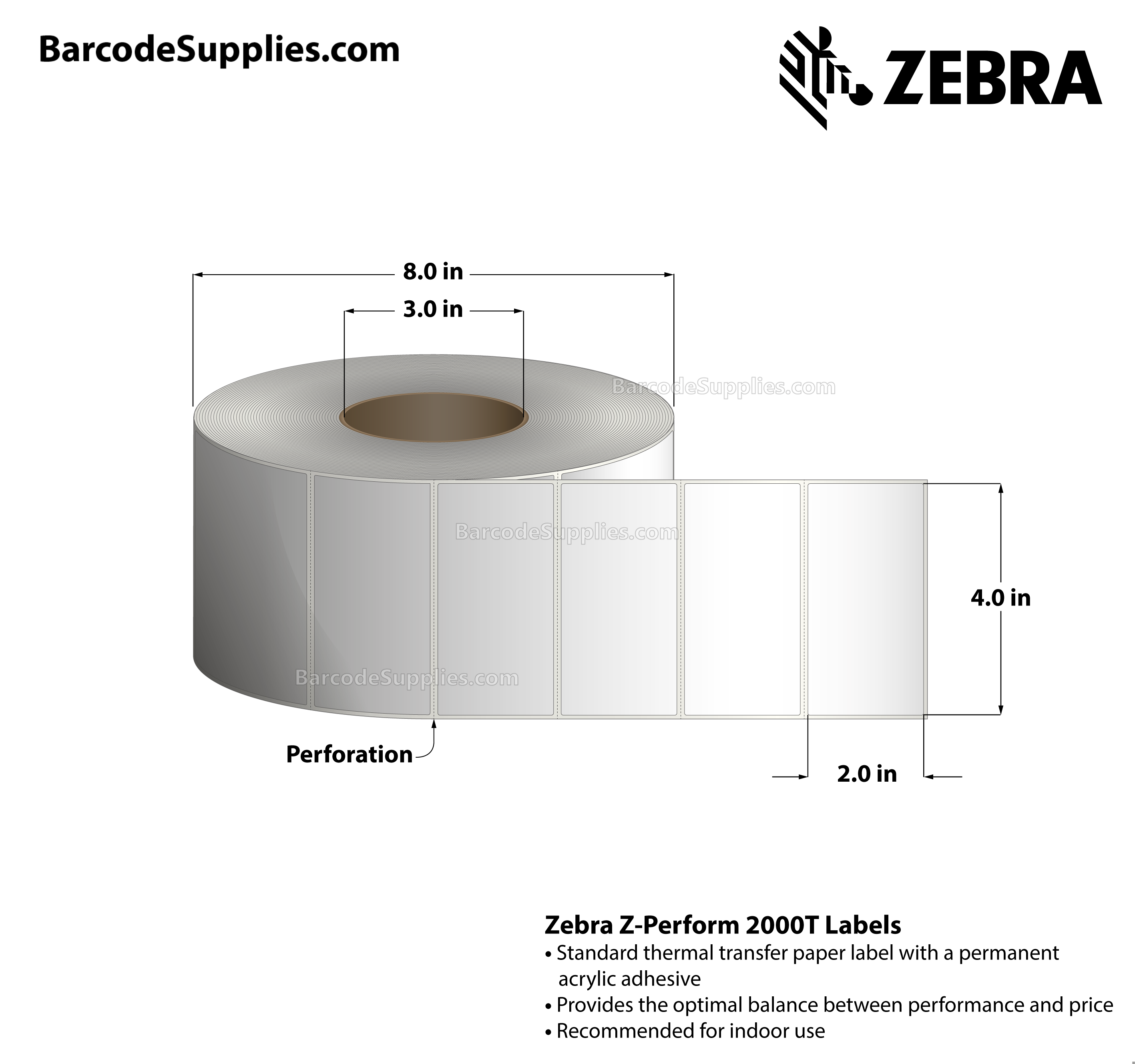 4 x 2 Thermal Transfer White Z-Perform 2000T Labels With Permanent Adhesive - Perforated - 2750 Labels Per Roll - Carton Of 4 Rolls - 11000 Labels Total - MPN: 10000285
