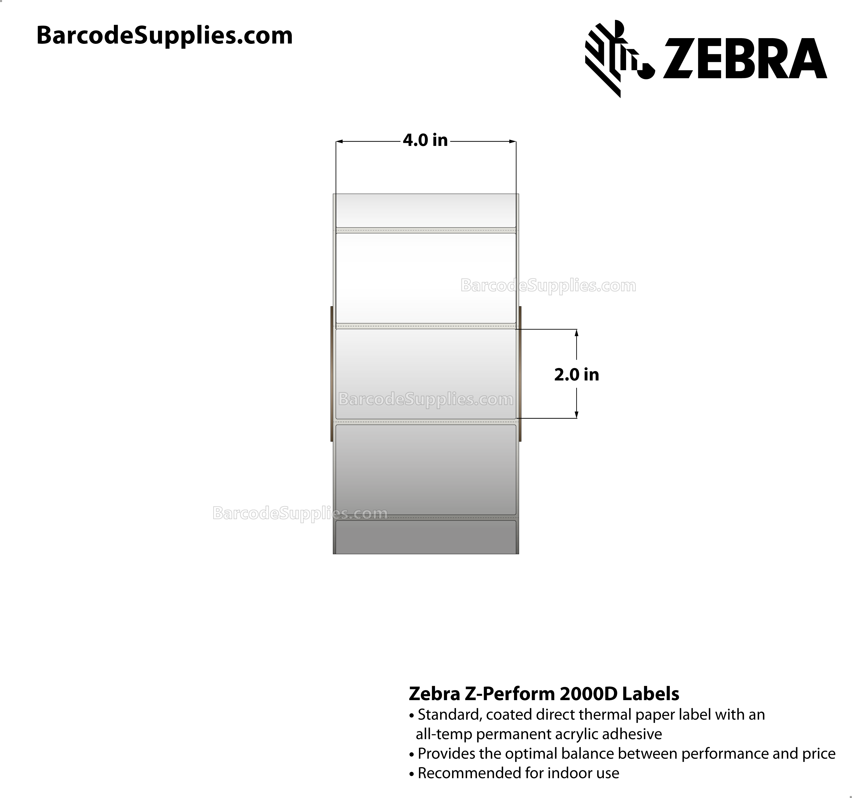 4 x 2 Direct Thermal White Z-Perform 2000D Labels With All-Temp Adhesive - Perforated - 2719 Labels Per Roll - Carton Of 4 Rolls - 10876 Labels Total - MPN: 10015365