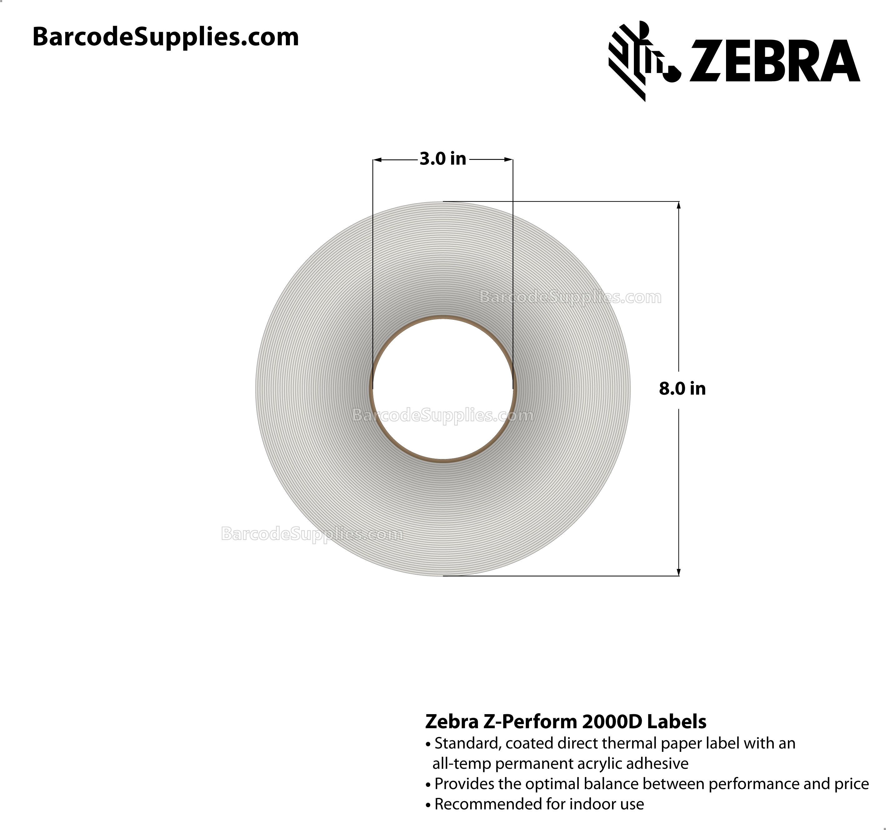 4 x 2 Direct Thermal White Z-Perform 2000D Labels With All-Temp Adhesive - Perforated - 2719 Labels Per Roll - Carton Of 4 Rolls - 10876 Labels Total - MPN: 10015365
