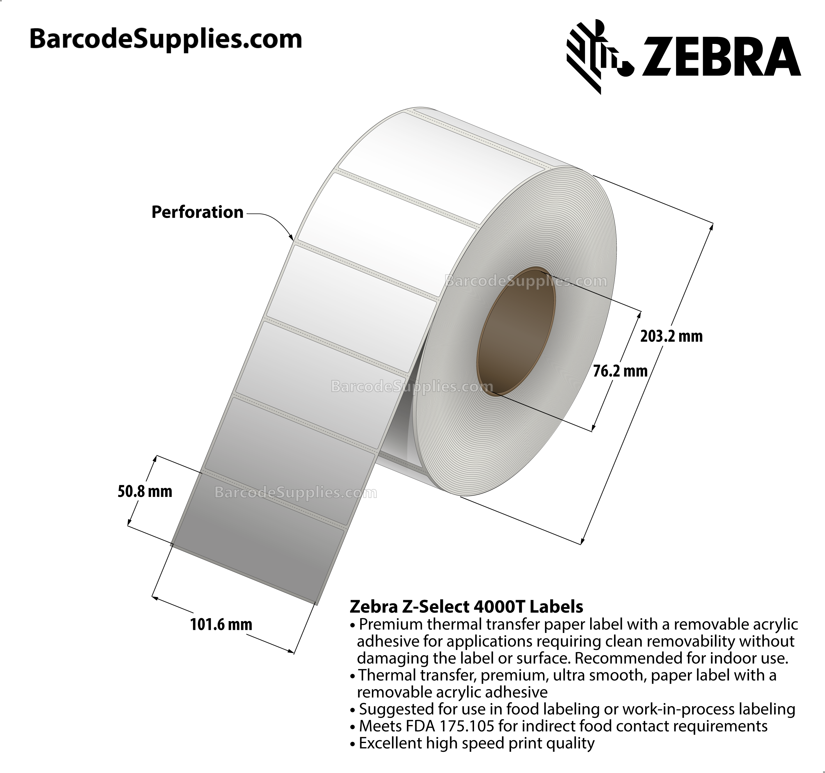 4 x 2 Thermal Transfer White Z-Select 4000T Removable Labels With Removable Adhesive - Perforated - 1000 Labels Per Roll - Carton Of 4 Rolls - 4000 Labels Total - MPN: 10022948
