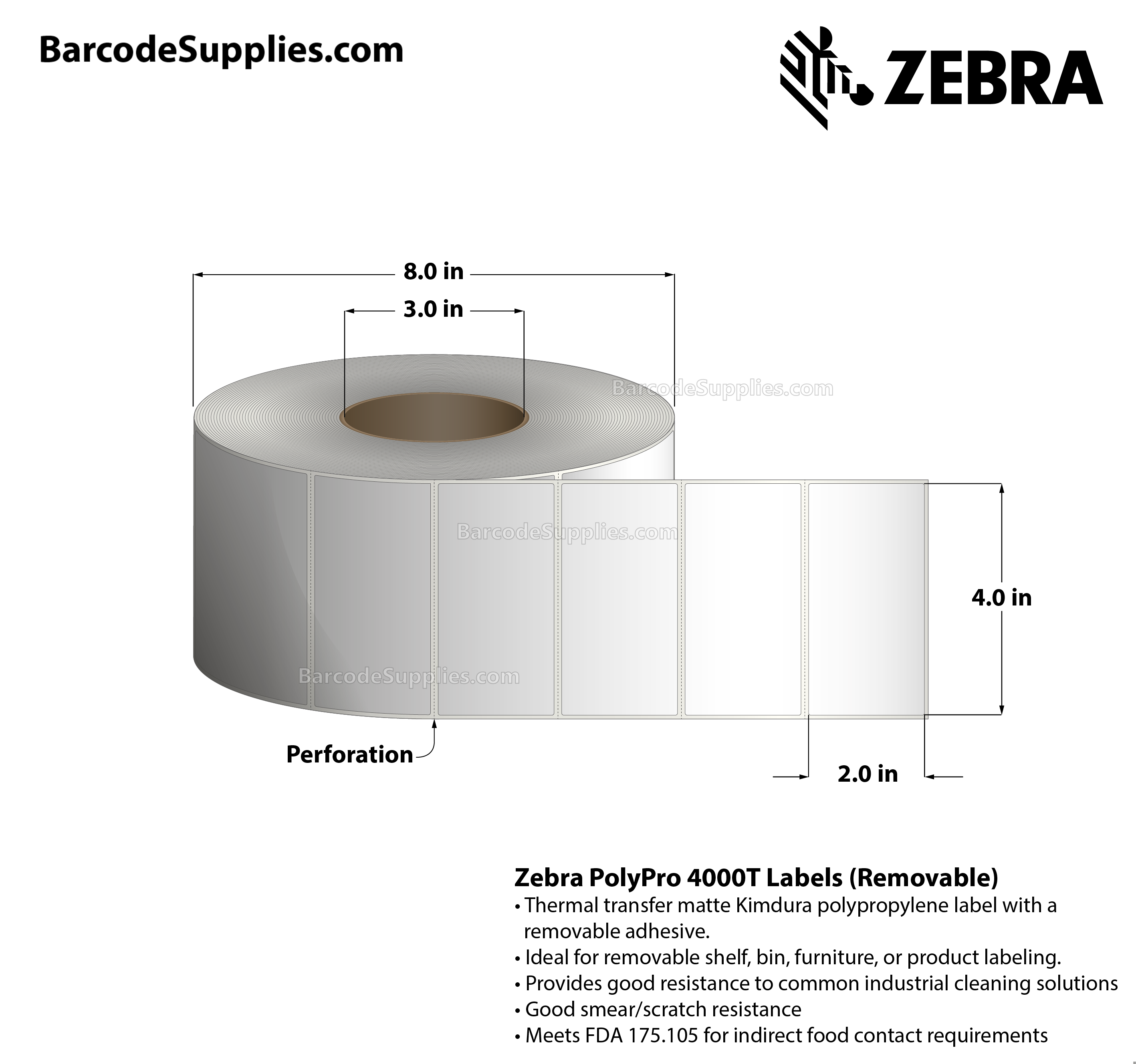 4 x 2 Thermal Transfer White PolyPro 4000T Removable Labels With Removable Adhesive - Perforated - 1000 Labels Per Roll - Carton Of 1 Rolls - 1000 Labels Total - MPN: 10022938