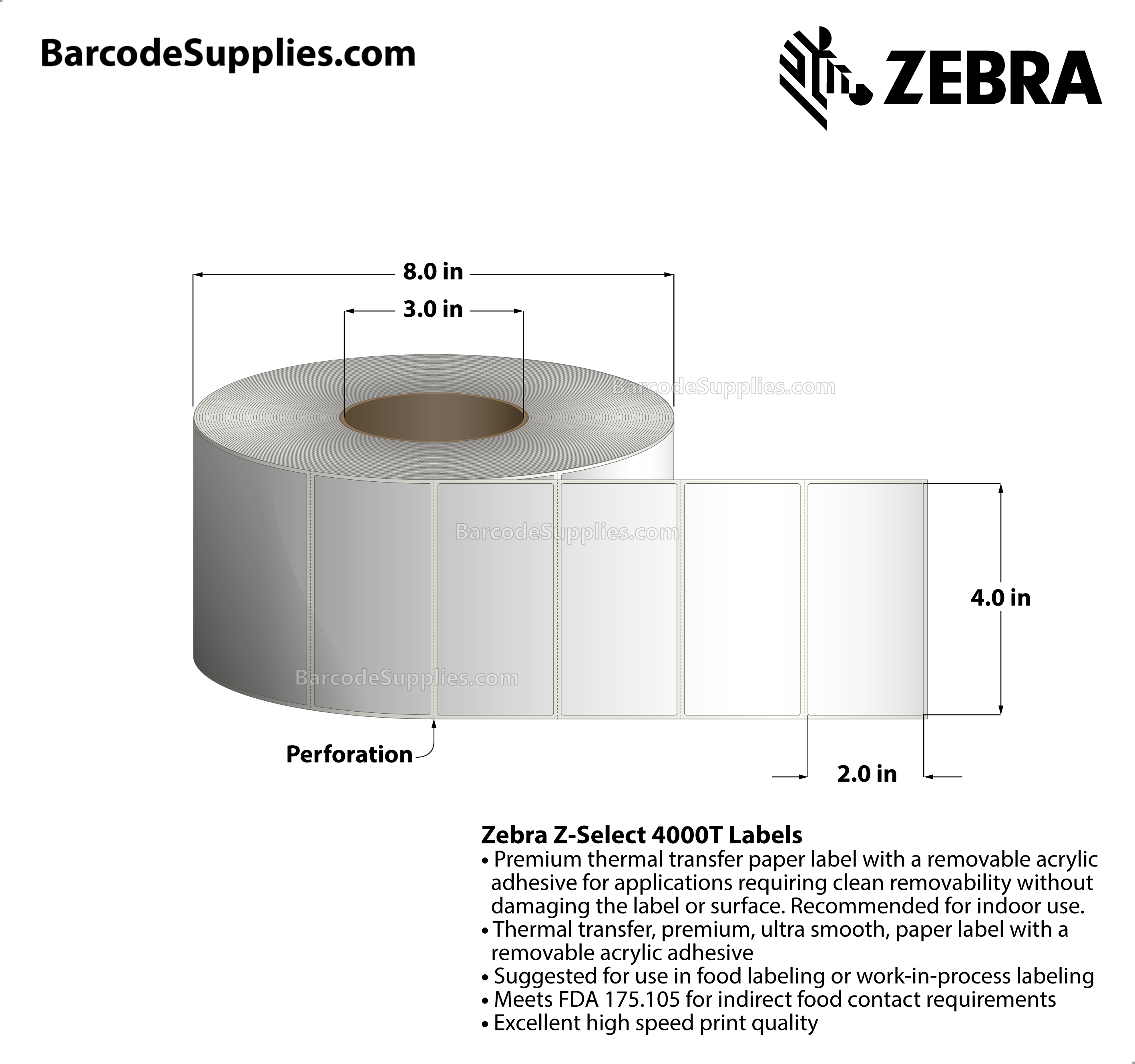 4 x 2 Thermal Transfer White Z-Select 4000T Removable Labels With Removable Adhesive - Perforated - 1000 Labels Per Roll - Carton Of 4 Rolls - 4000 Labels Total - MPN: 10022948