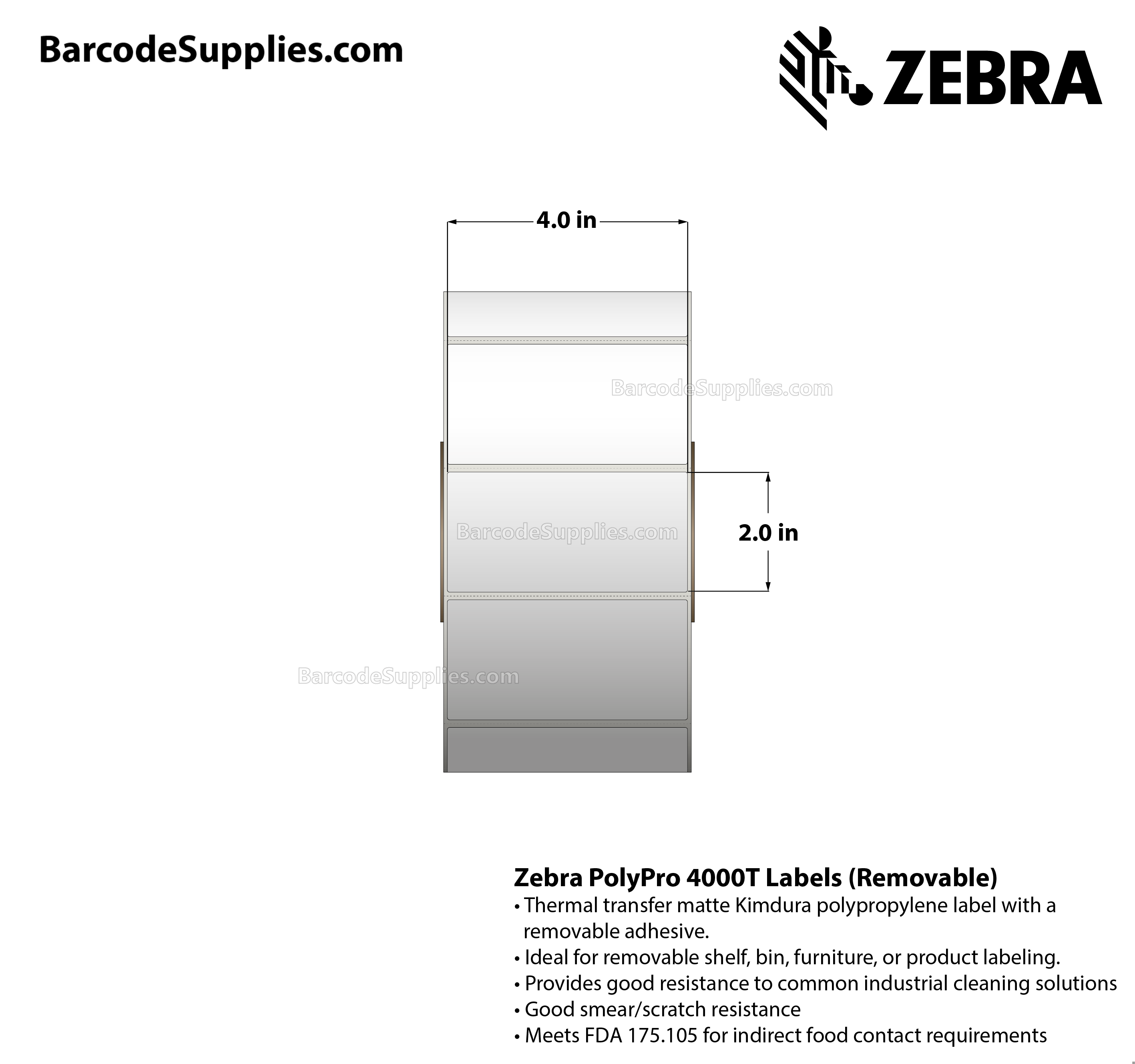 4 x 2 Thermal Transfer White PolyPro 4000T Removable Labels With Removable Adhesive - Perforated - 1000 Labels Per Roll - Carton Of 1 Rolls - 1000 Labels Total - MPN: 10022938
