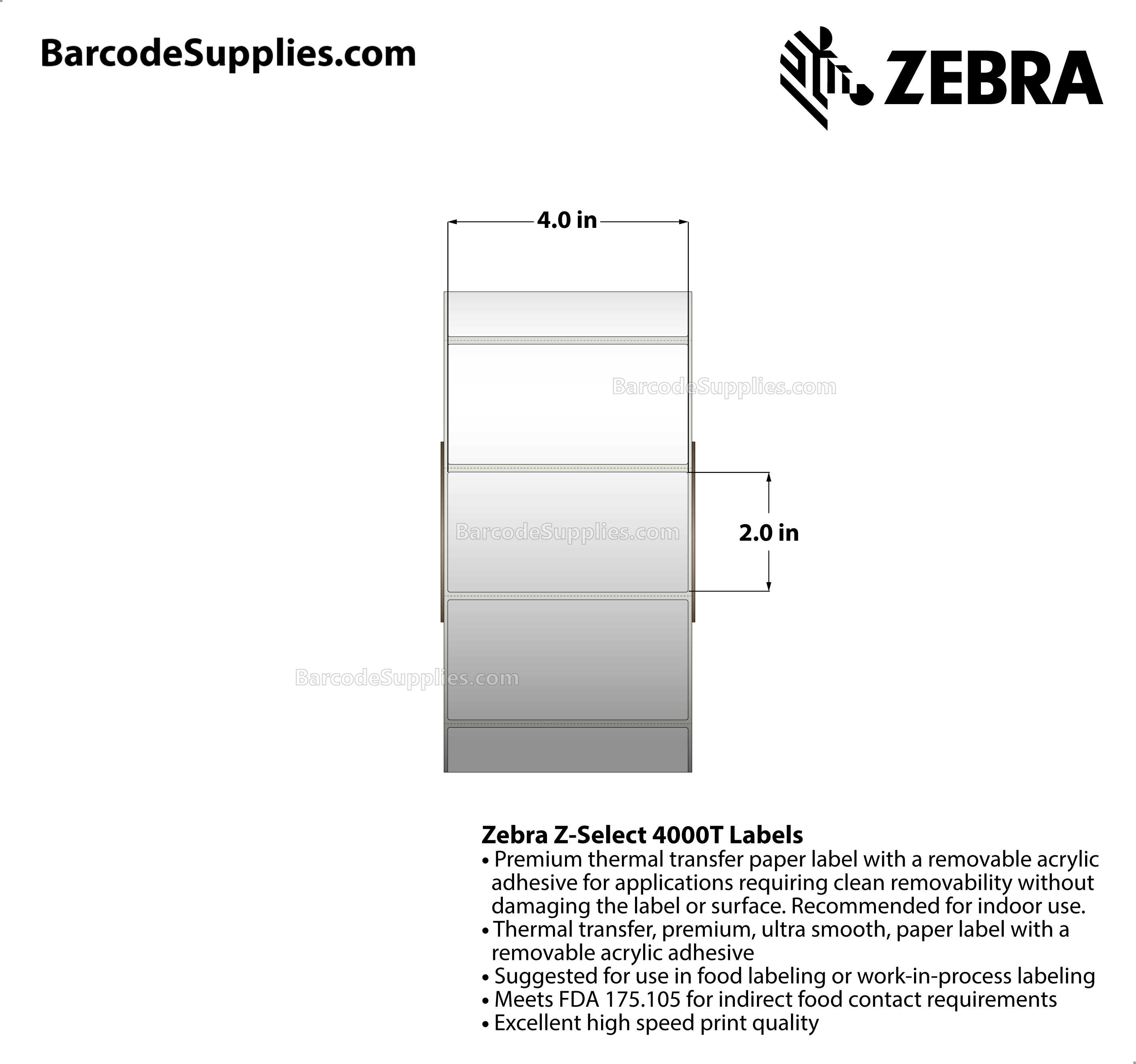 4 x 2 Thermal Transfer White Z-Select 4000T Removable Labels With Removable Adhesive - Perforated - 1000 Labels Per Roll - Carton Of 4 Rolls - 4000 Labels Total - MPN: 10022948