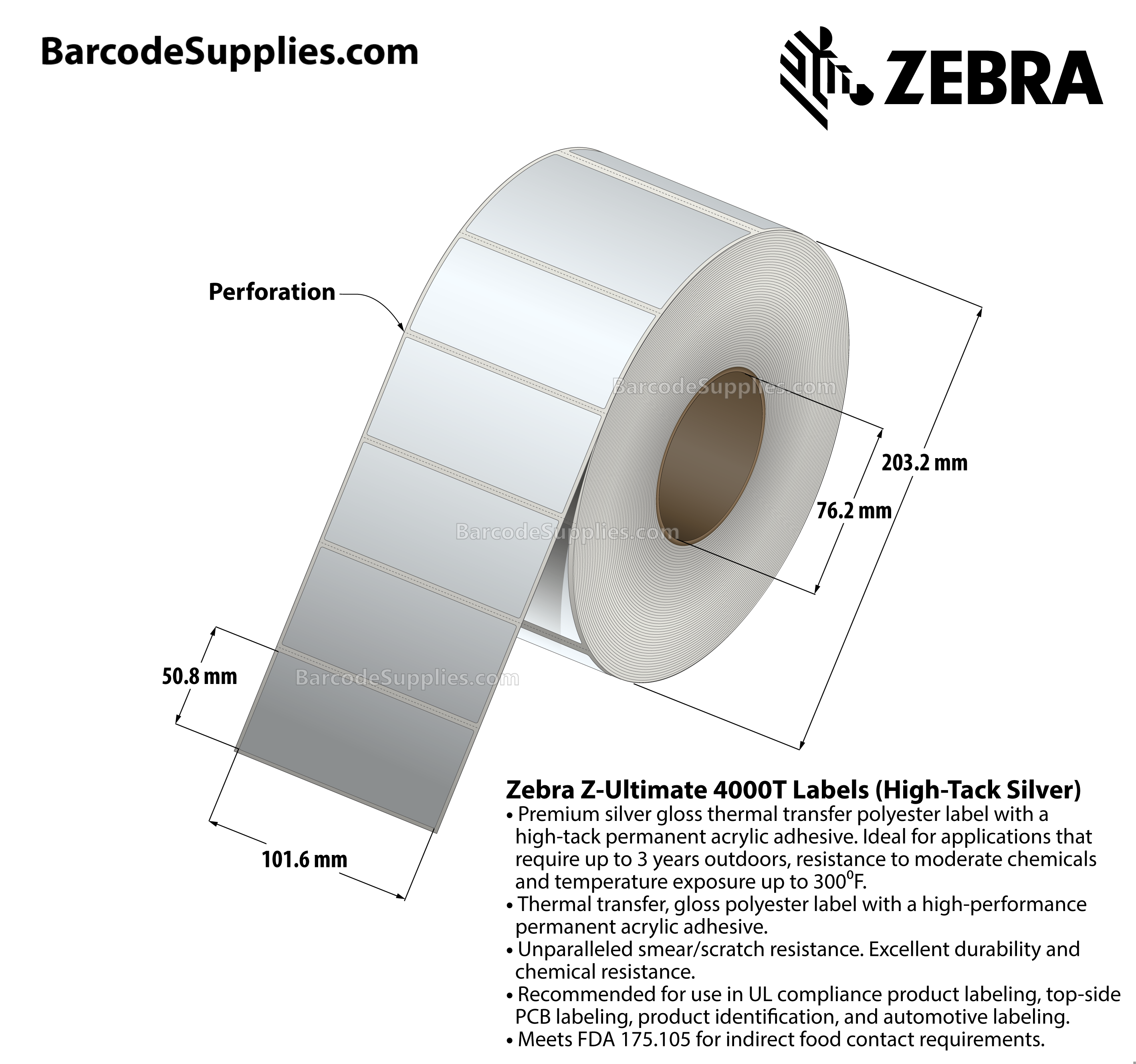 4 x 2 Thermal Transfer Silver Z-Ultimate 4000T High-Tack Silver Labels With High-tack Adhesive - Perforated - 1000 Labels Per Roll - Carton Of 1 Rolls - 1000 Labels Total - MPN: 10023357