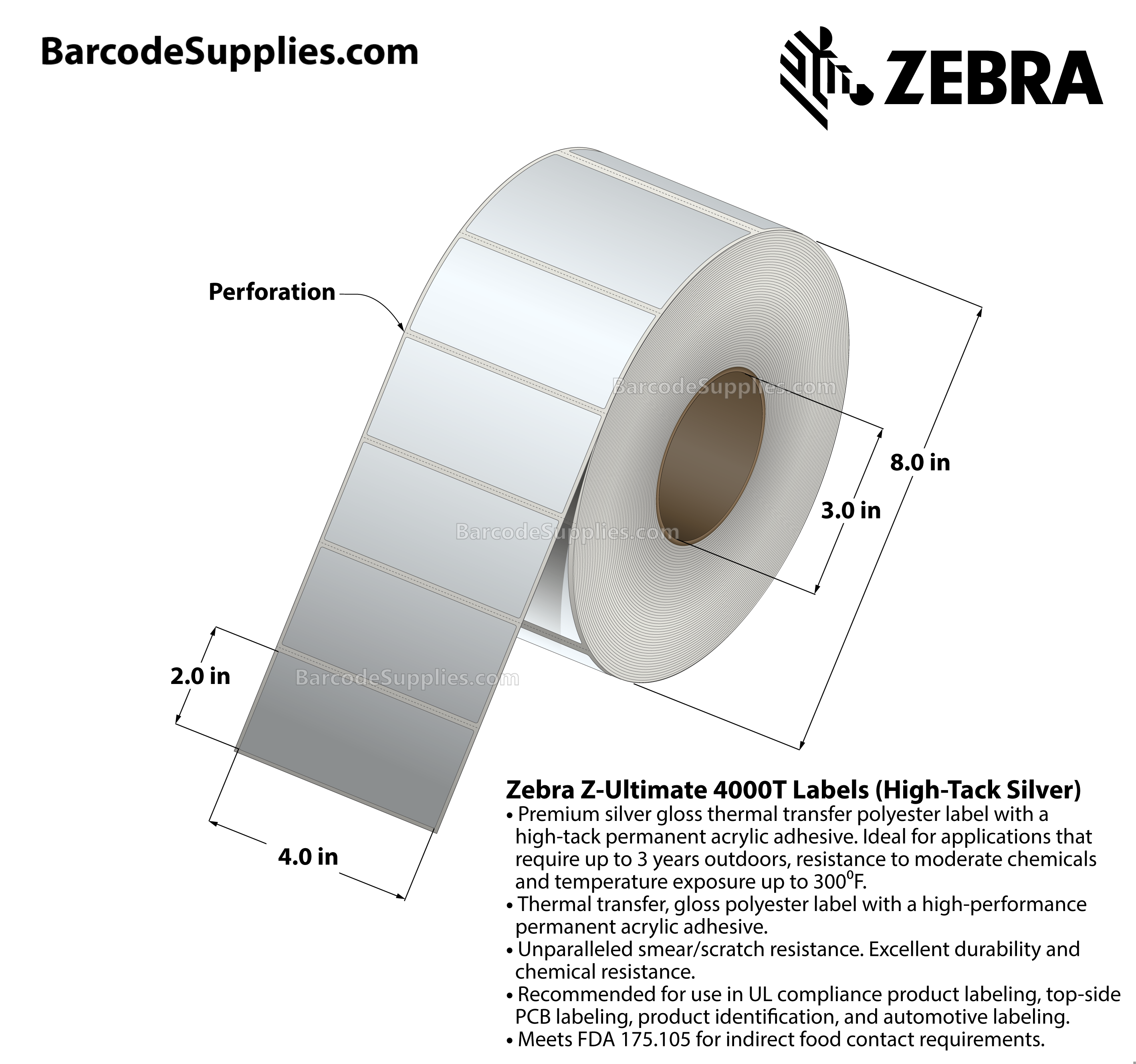 4 x 2 Thermal Transfer Silver Z-Ultimate 4000T High-Tack Silver Labels With High-tack Adhesive - Perforated - 1000 Labels Per Roll - Carton Of 1 Rolls - 1000 Labels Total - MPN: 10023357