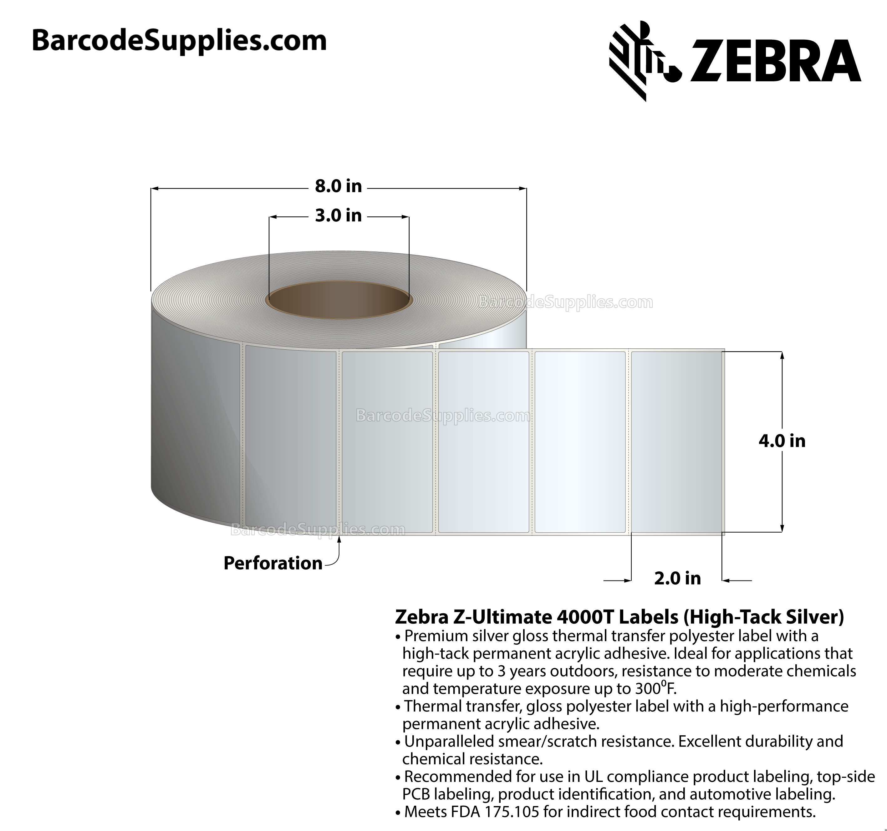 4 x 2 Thermal Transfer Silver Z-Ultimate 4000T High-Tack Silver Labels With High-tack Adhesive - Perforated - 1000 Labels Per Roll - Carton Of 1 Rolls - 1000 Labels Total - MPN: 10023357