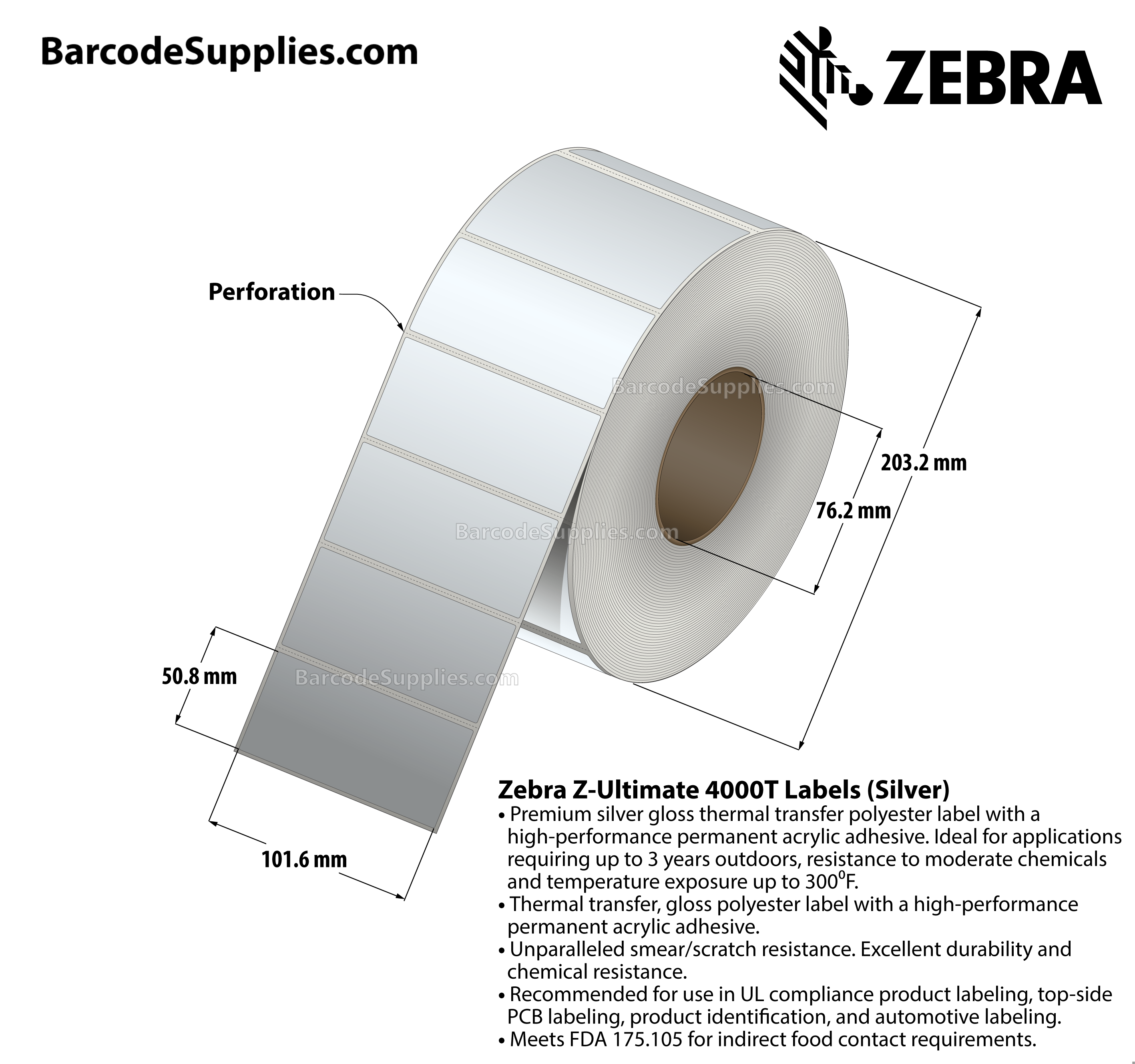 4 x 2 Thermal Transfer Silver Z-Ultimate 4000T Silver Labels With Permanent Adhesive - Perforated - 1000 Labels Per Roll - Carton Of 1 Rolls - 1000 Labels Total - MPN: 10023161