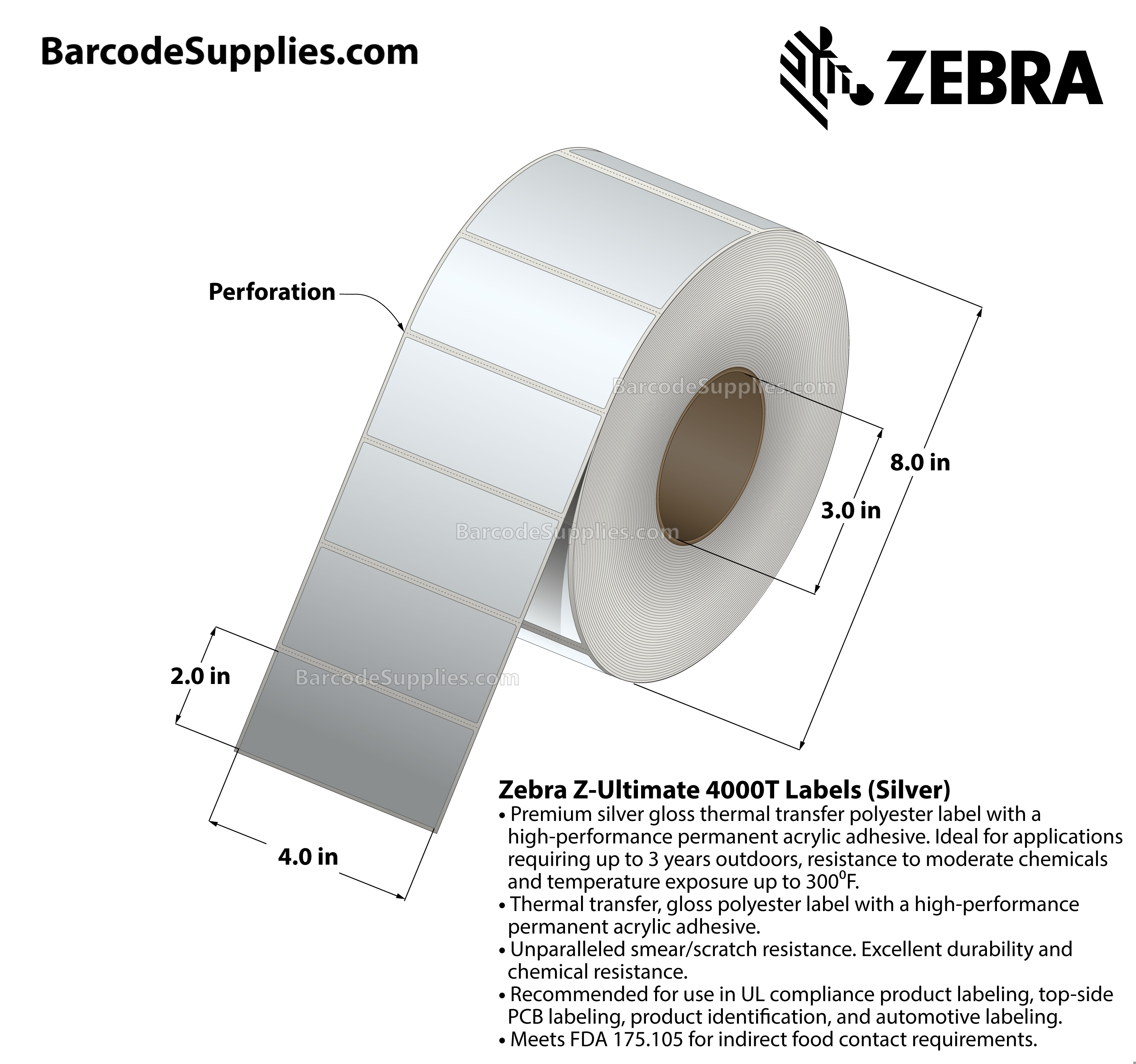 4 x 2 Thermal Transfer Silver Z-Ultimate 4000T Silver Labels With Permanent Adhesive - Perforated - 1000 Labels Per Roll - Carton Of 1 Rolls - 1000 Labels Total - MPN: 10023161
