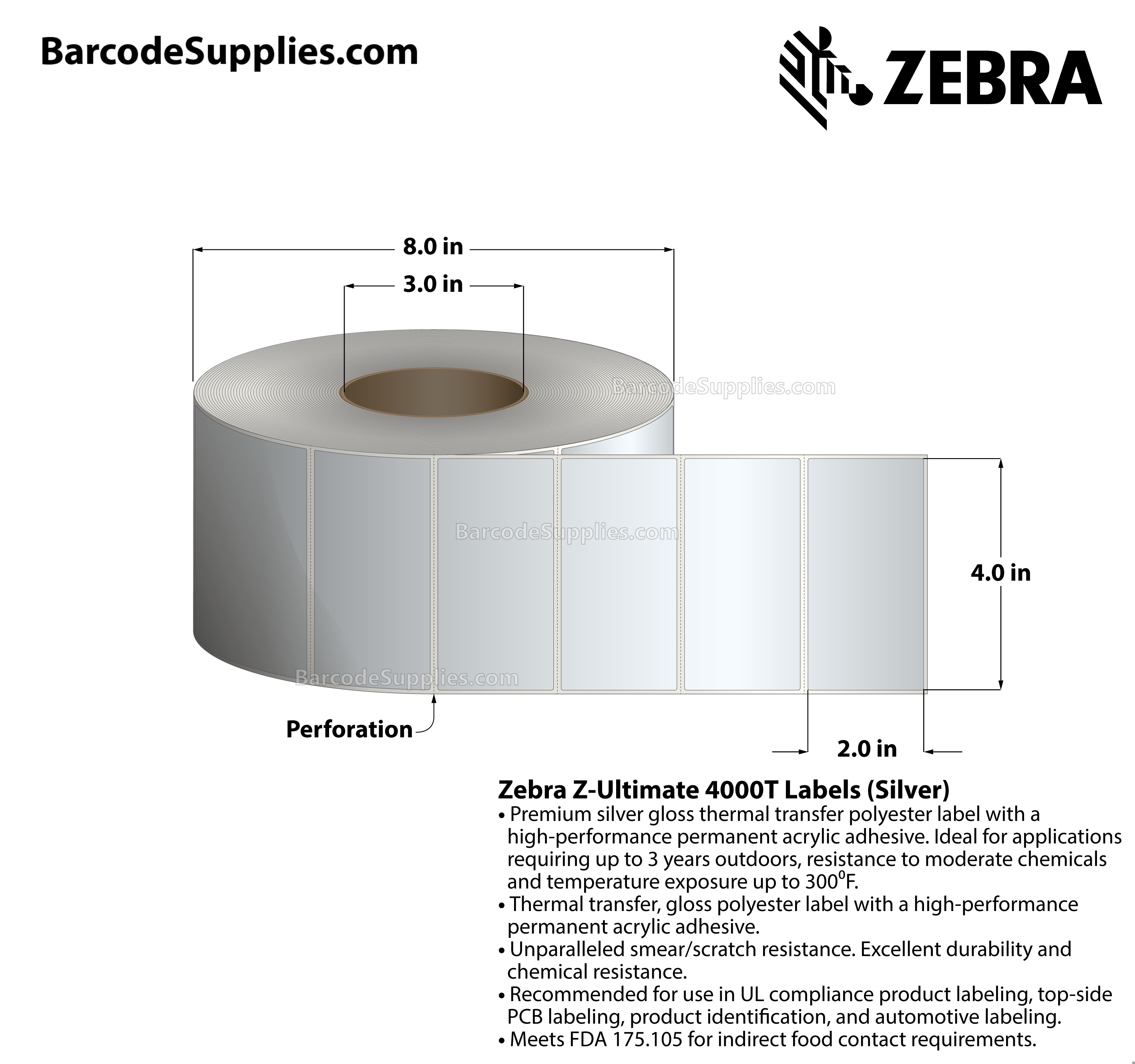 4 x 2 Thermal Transfer Silver Z-Ultimate 4000T Silver Labels With Permanent Adhesive - Perforated - 1000 Labels Per Roll - Carton Of 1 Rolls - 1000 Labels Total - MPN: 10023161
