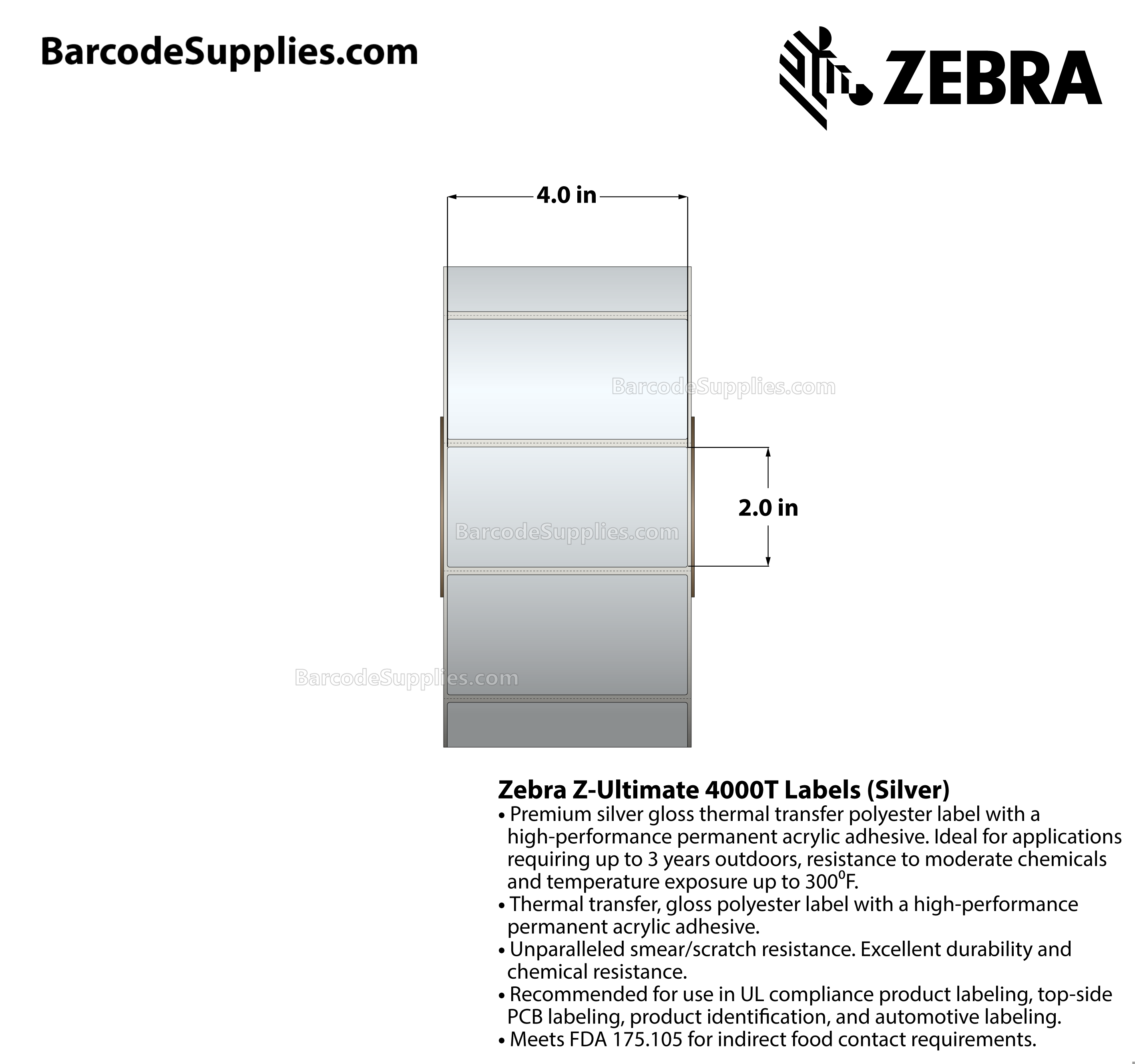 4 x 2 Thermal Transfer Silver Z-Ultimate 4000T Silver Labels With Permanent Adhesive - Perforated - 1000 Labels Per Roll - Carton Of 1 Rolls - 1000 Labels Total - MPN: 10023161