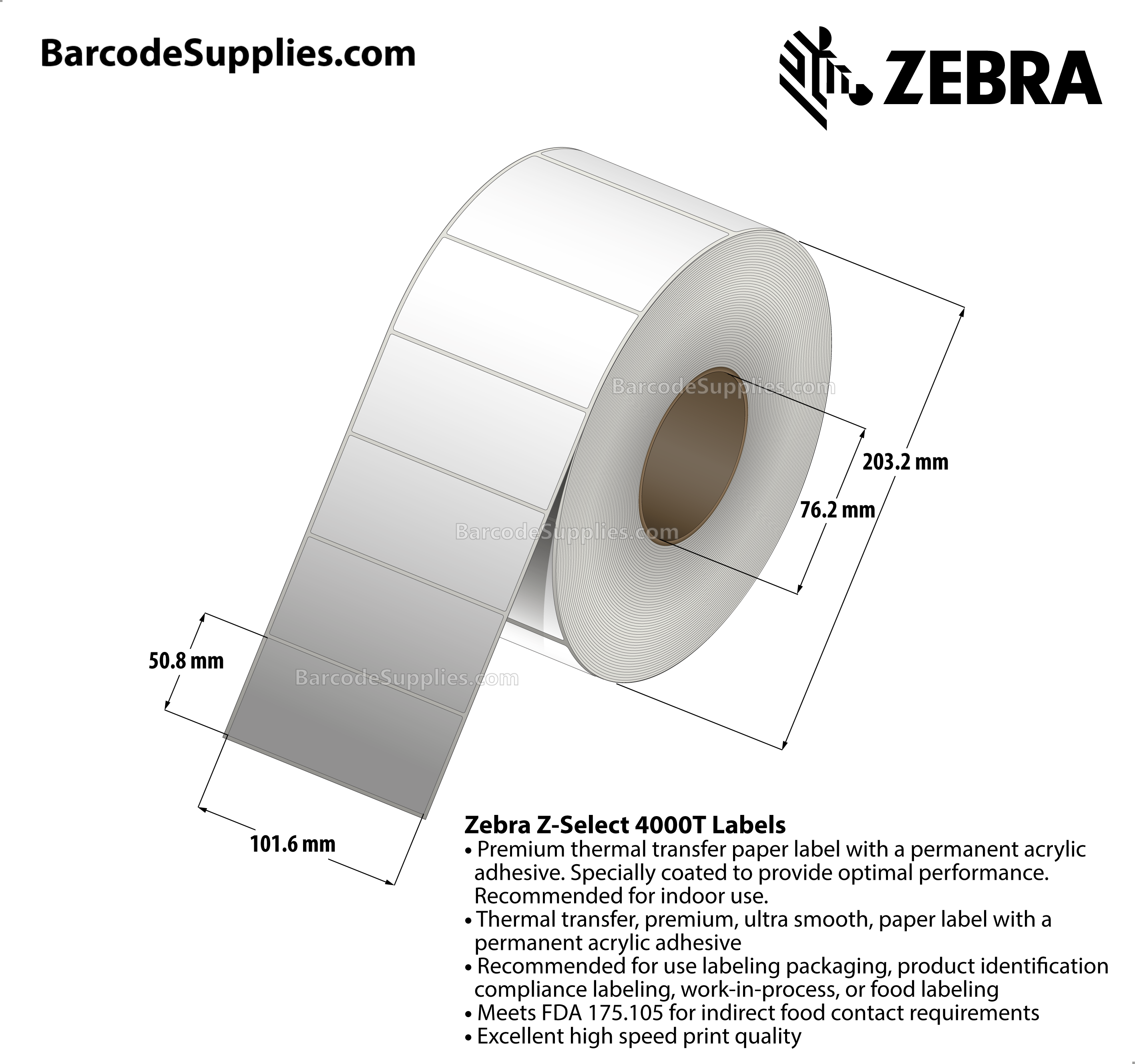4 x 2 Thermal Transfer White Z-Select 4000T Labels With Permanent Adhesive - Not Perforated - 2740 Labels Per Roll - Carton Of 4 Rolls - 10960 Labels Total - MPN: 72289