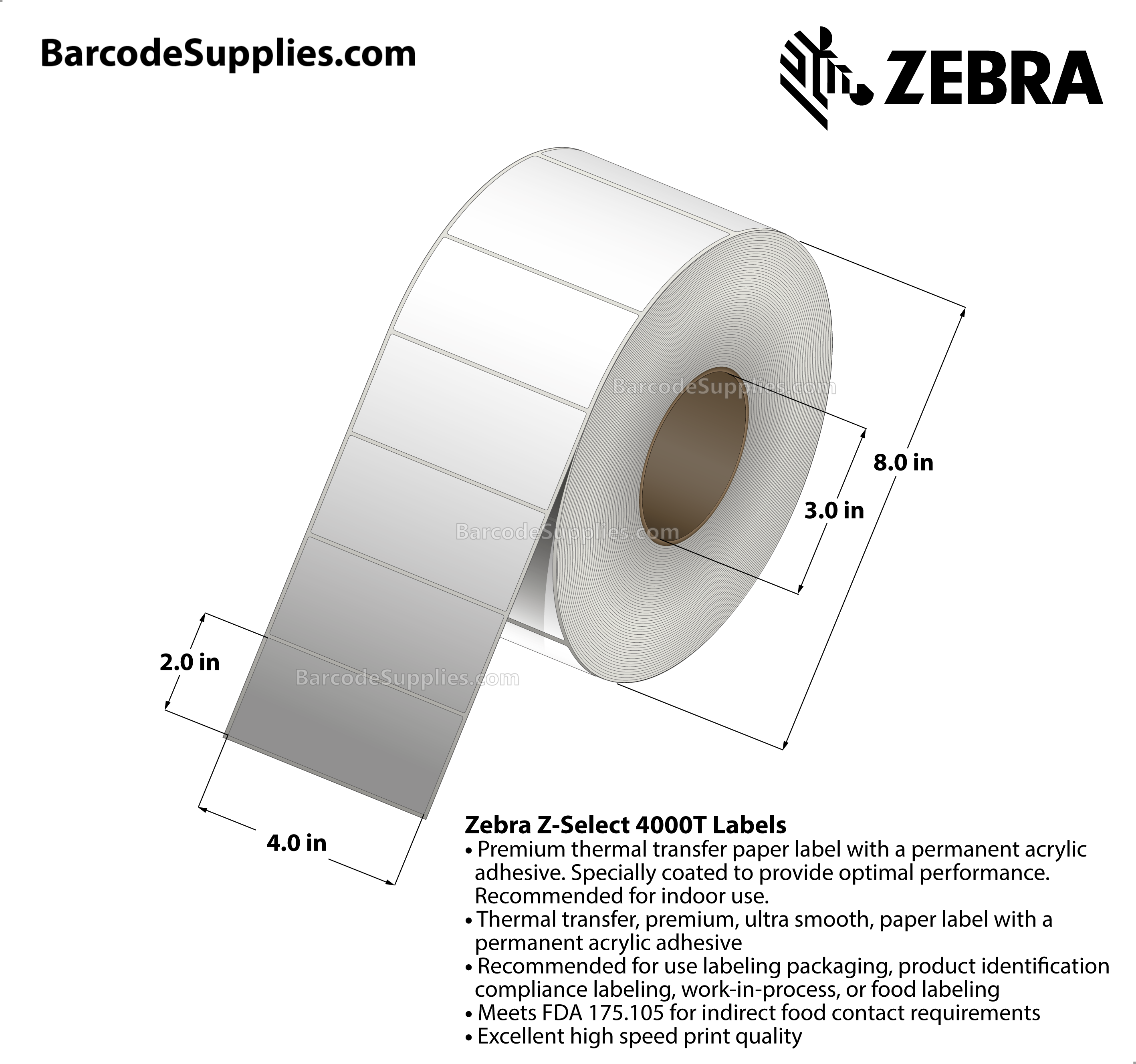 4 x 2 Thermal Transfer White Z-Select 4000T Labels With Permanent Adhesive - Not Perforated - 2740 Labels Per Roll - Carton Of 4 Rolls - 10960 Labels Total - MPN: 72289