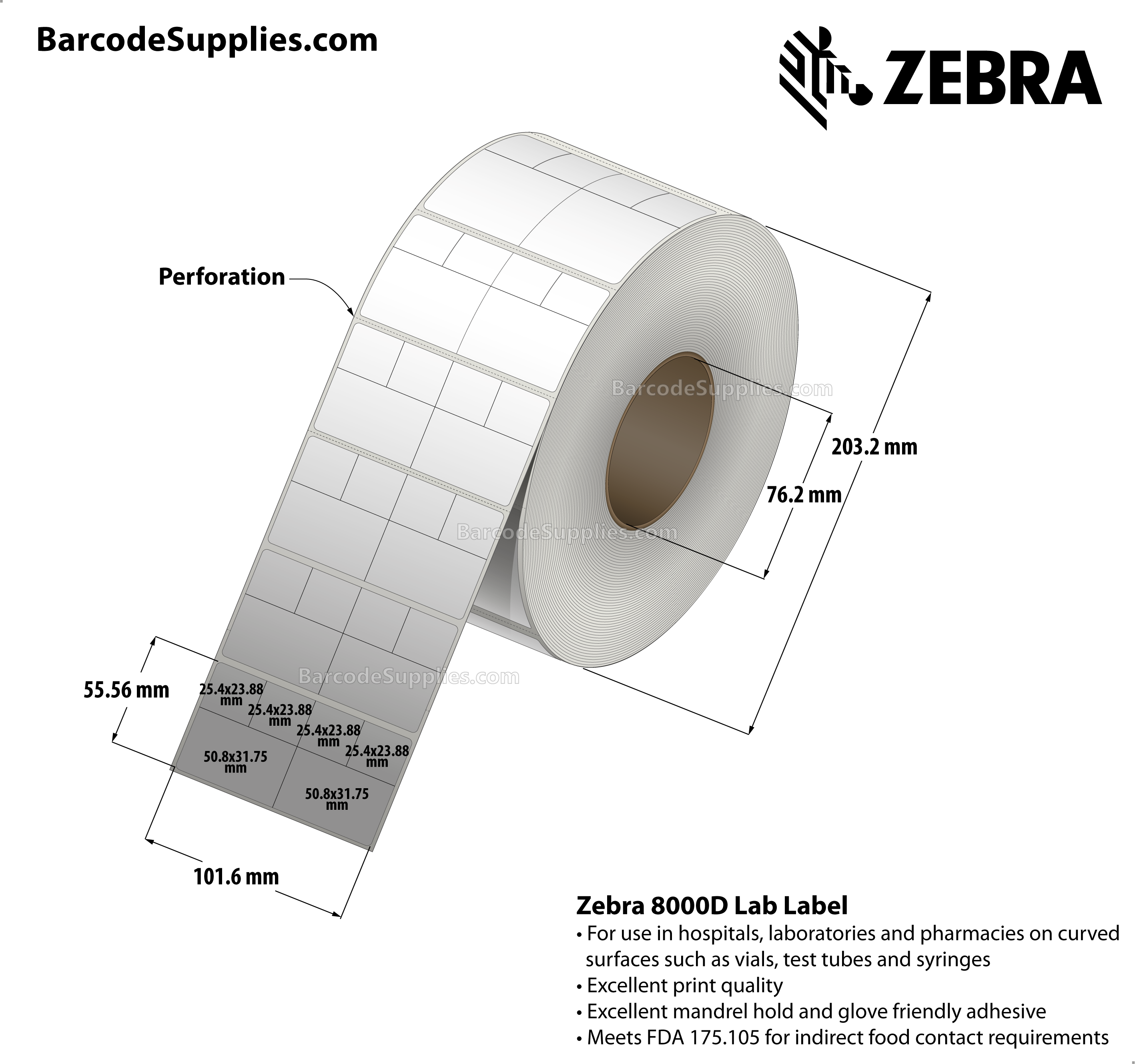 4 x 2.1875 Direct Thermal White 8000D Lab Labels With Permanent Adhesive - Slits through facestock create six labels: (4) 1x0.9375 labels and (2) 2x1.25 labels - Perforated - 2600 Labels Per Roll - Carton Of 2 Rolls - 5200 Labels Total - MPN: 10025474