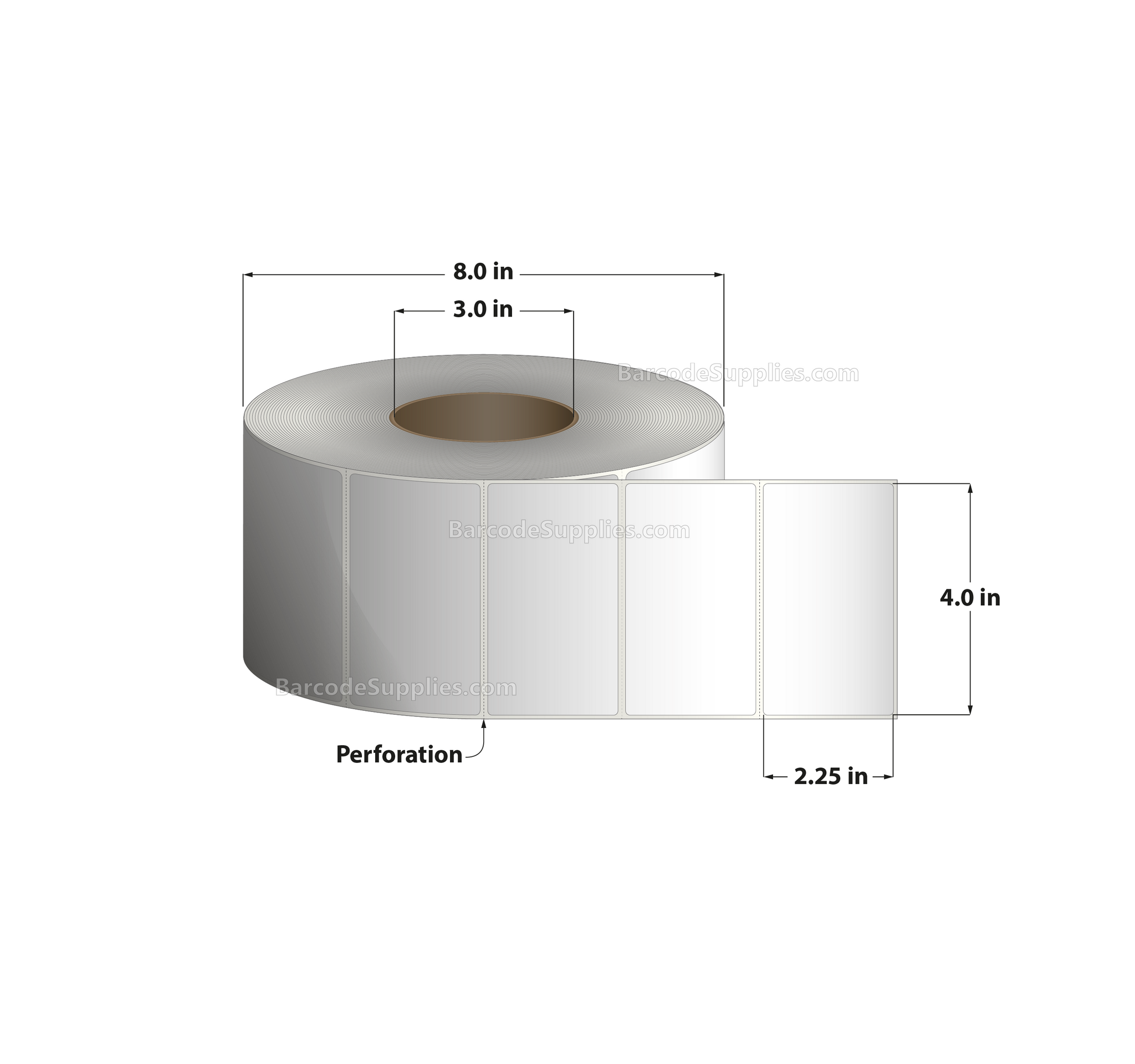 4 x 2.25 Thermal Transfer White Labels With Permanent Adhesive - Perforated - 2575 Labels Per Roll - Carton Of 4 Rolls - 10300 Labels Total - MPN: RT-4-225-2575-3