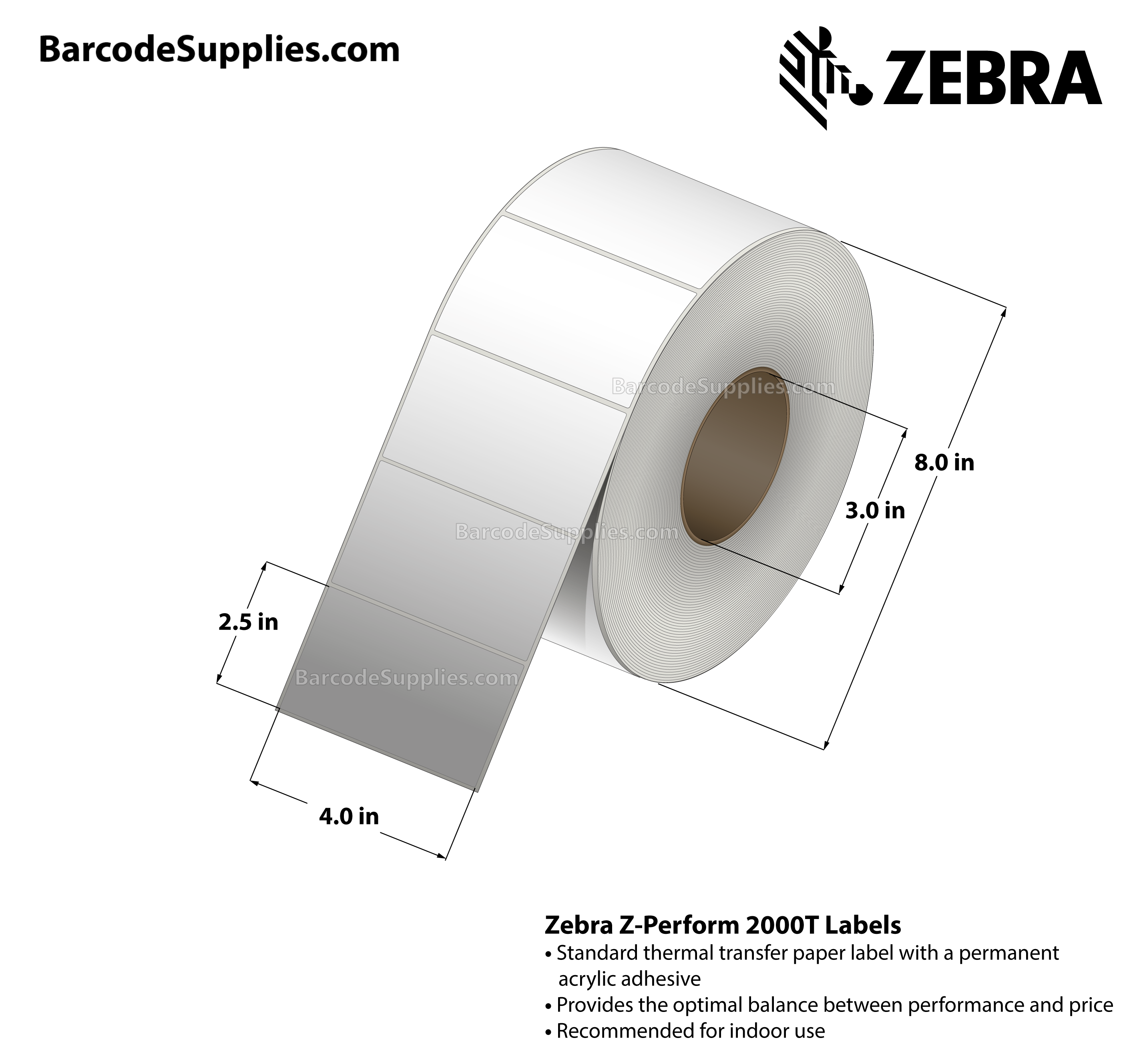 4 x 2.5 Thermal Transfer White Z-Perform 2000T All-Temp Labels With All-Temp Adhesive - Not Perforated - 2220 Labels Per Roll - Carton Of 4 Rolls - 8880 Labels Total - MPN: 72374