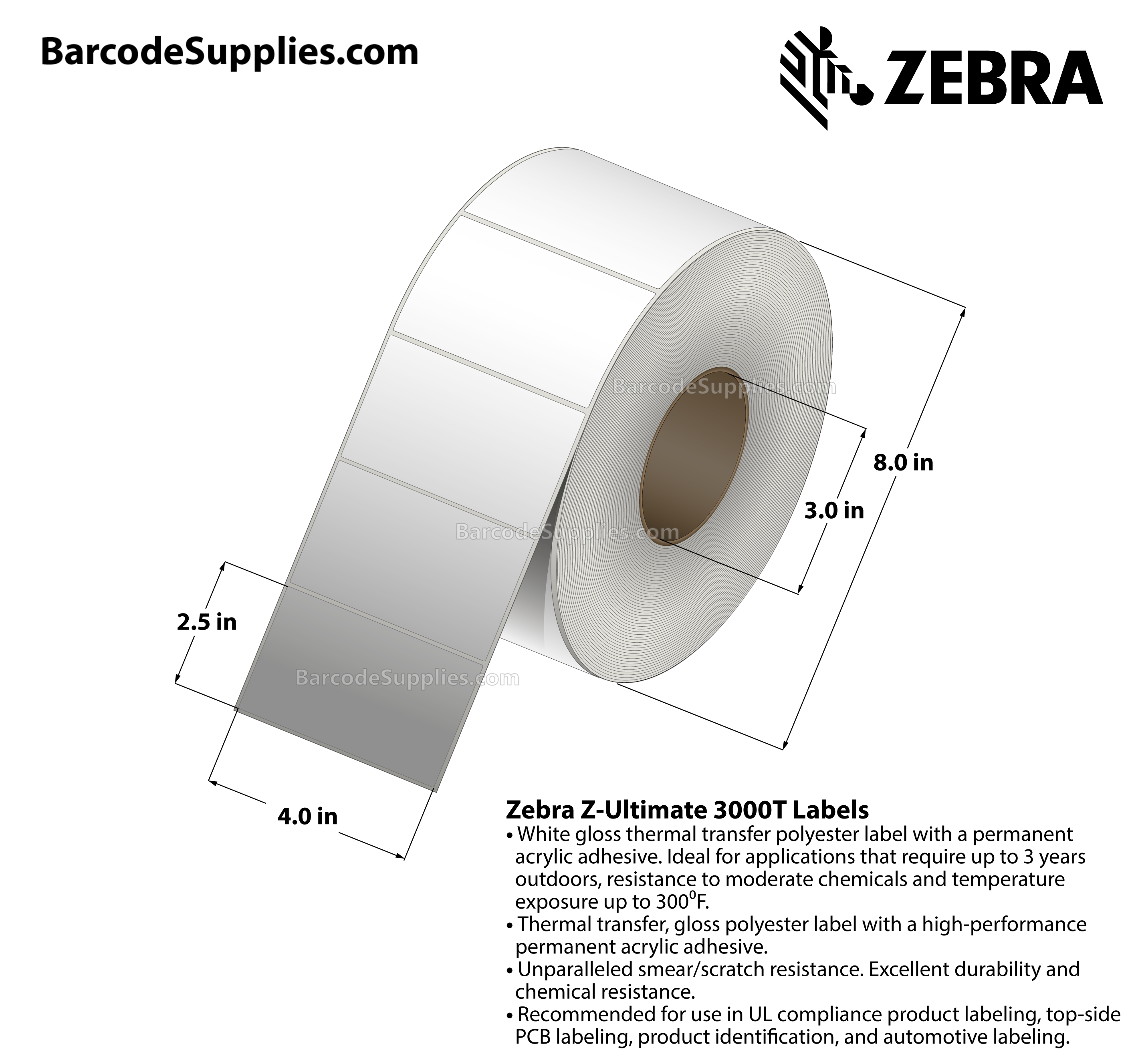 4 x 2.5 Thermal Transfer White Z-Ultimate 3000T Labels With Permanent Adhesive - Not Perforated - 2240 Labels Per Roll - Carton Of 4 Rolls - 8960 Labels Total - MPN: 65816