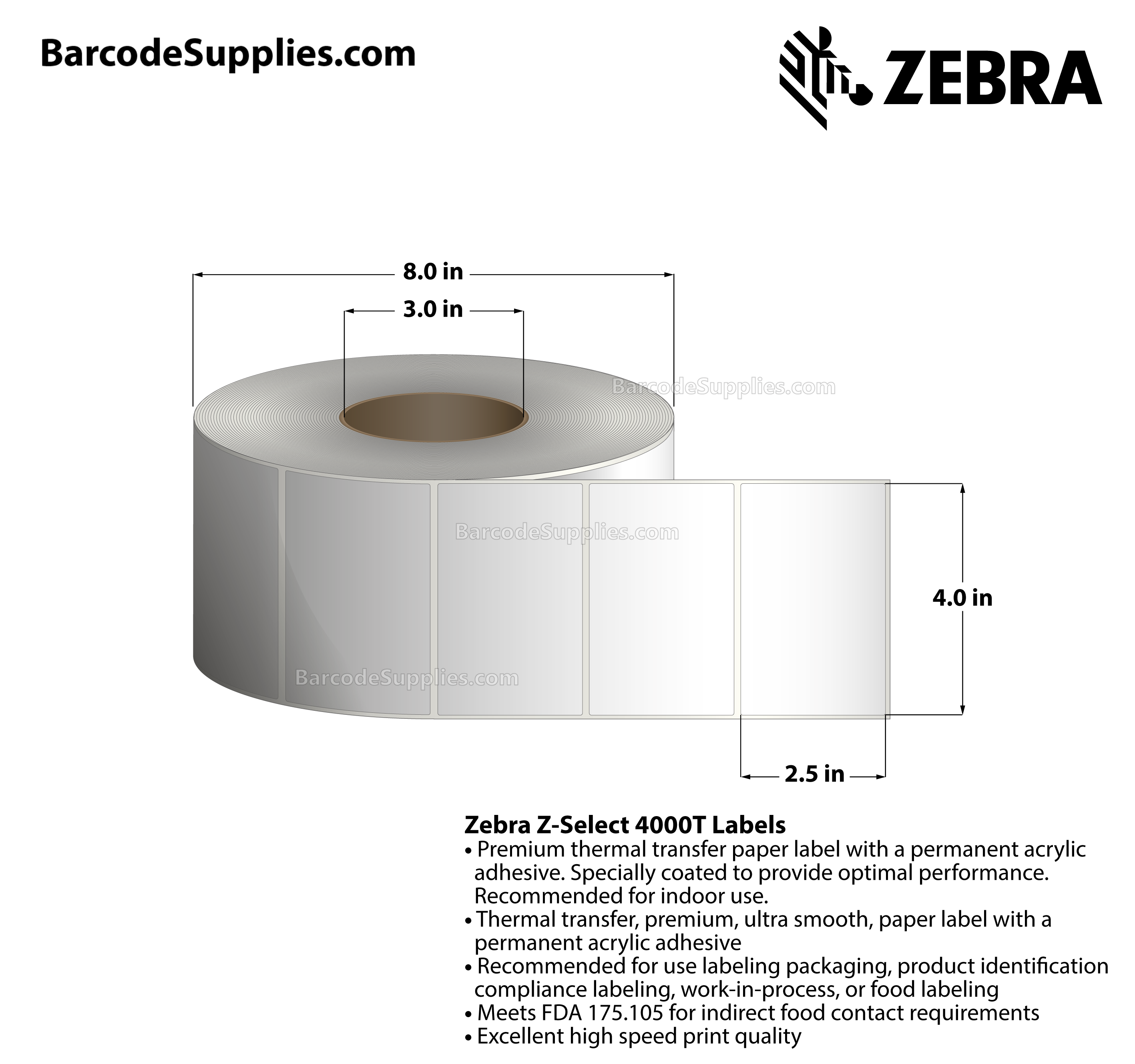 4 x 2.5 Thermal Transfer White Z-Select 4000T Labels With Permanent Adhesive - Not Perforated - 2220 Labels Per Roll - Carton Of 4 Rolls - 8880 Labels Total - MPN: 72290