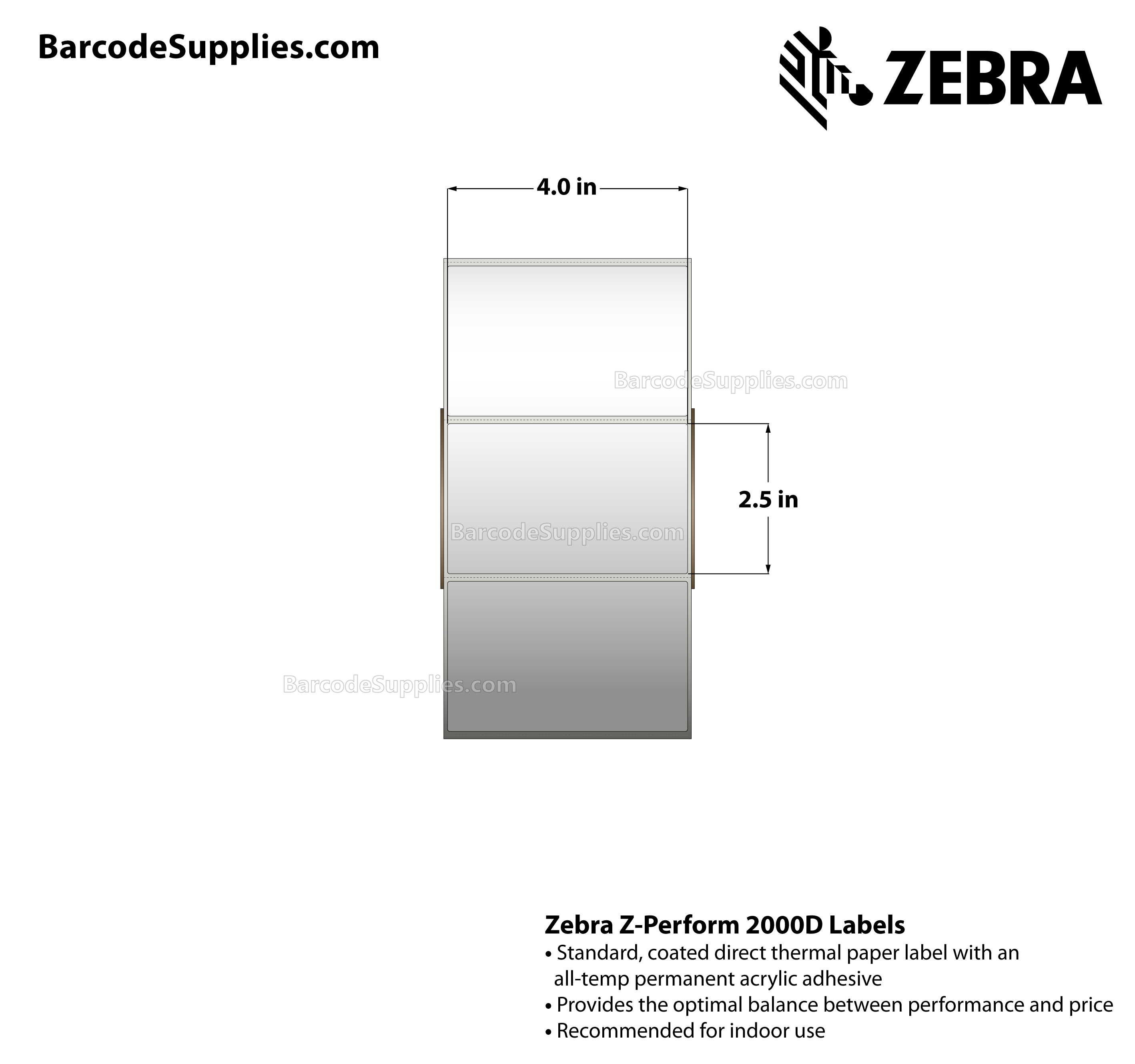 4 x 2.5 Direct Thermal White Z-Perform 2000D Labels With All-Temp Adhesive - Perforated - 2280 Labels Per Roll - Carton Of 4 Rolls - 9120 Labels Total - MPN: 10000294
