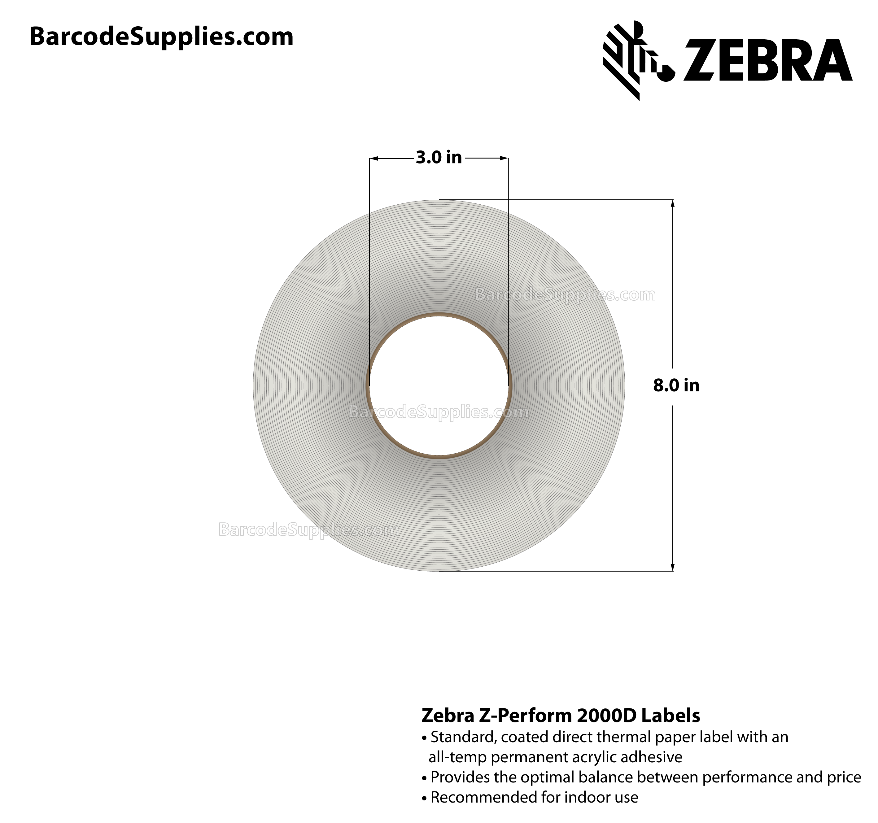 4 x 2.5 Direct Thermal White Z-Perform 2000D Labels With All-Temp Adhesive - Perforated - 2280 Labels Per Roll - Carton Of 4 Rolls - 9120 Labels Total - MPN: 10000294