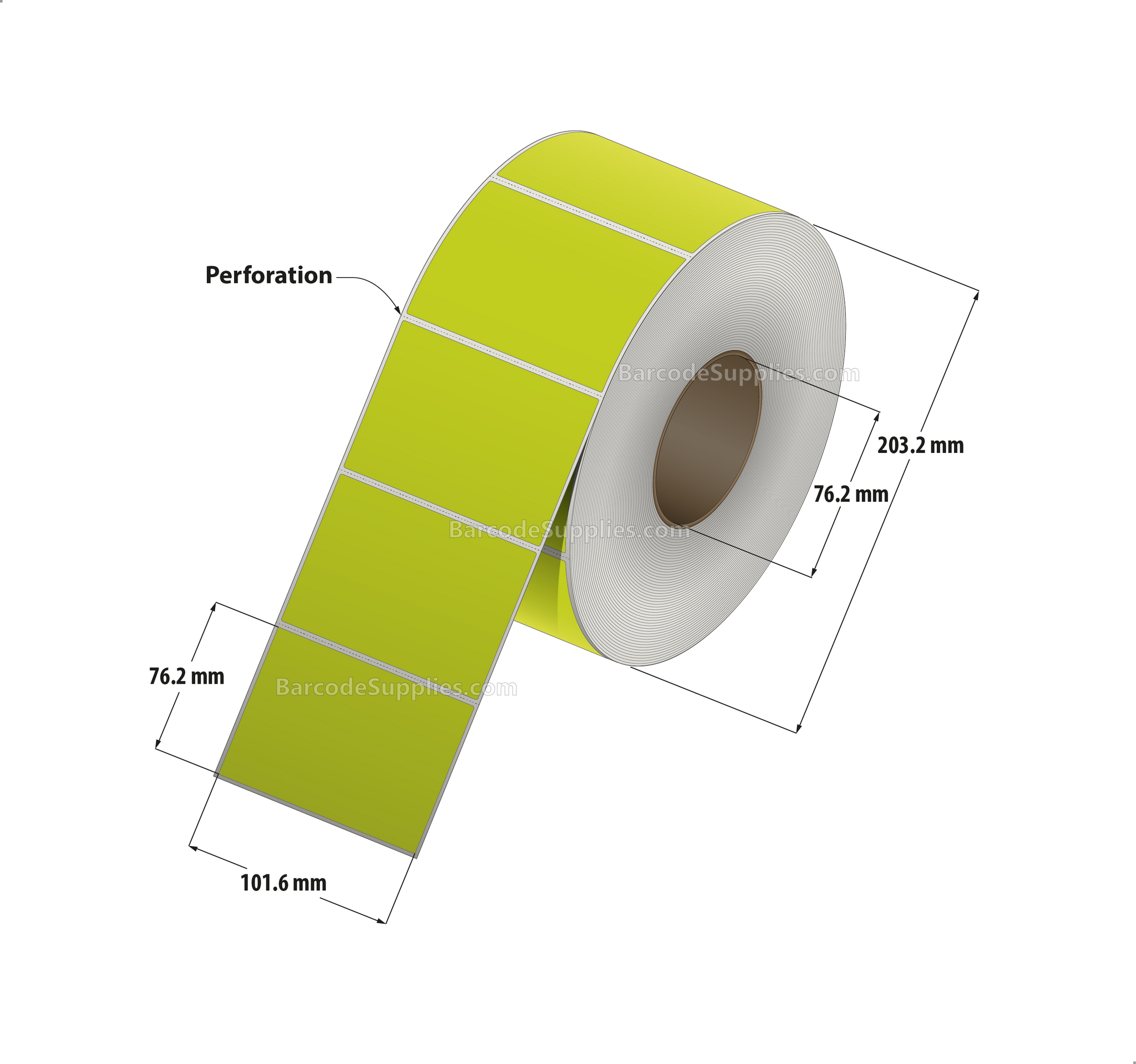 4 x 3 Thermal Transfer Fluorescent Chartreuse Labels With Permanent Adhesive - Perforated - 1900 Labels Per Roll - Carton Of 4 Rolls - 7600 Labels Total - MPN: FL-4-3-1900-CH