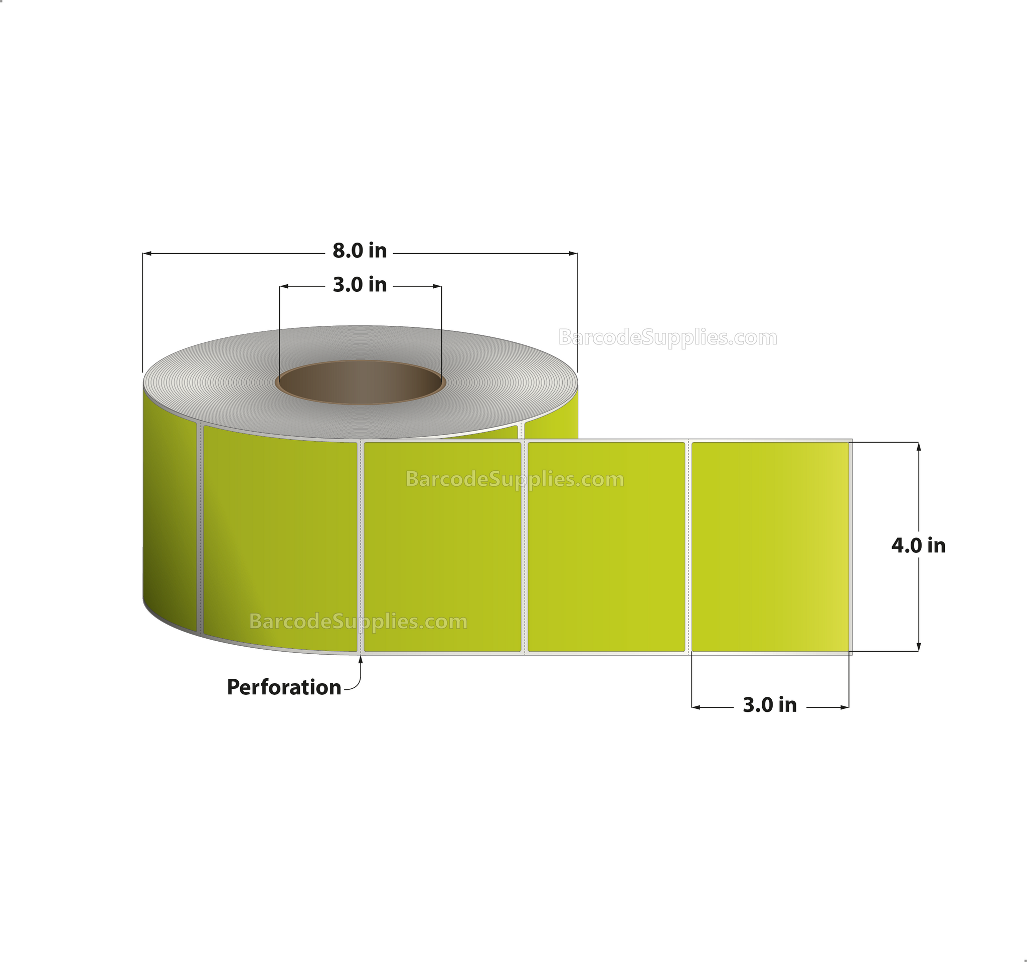 4 x 3 Thermal Transfer Fluorescent Chartreuse Labels With Permanent Adhesive - Perforated - 1900 Labels Per Roll - Carton Of 4 Rolls - 7600 Labels Total - MPN: FL-4-3-1900-CH