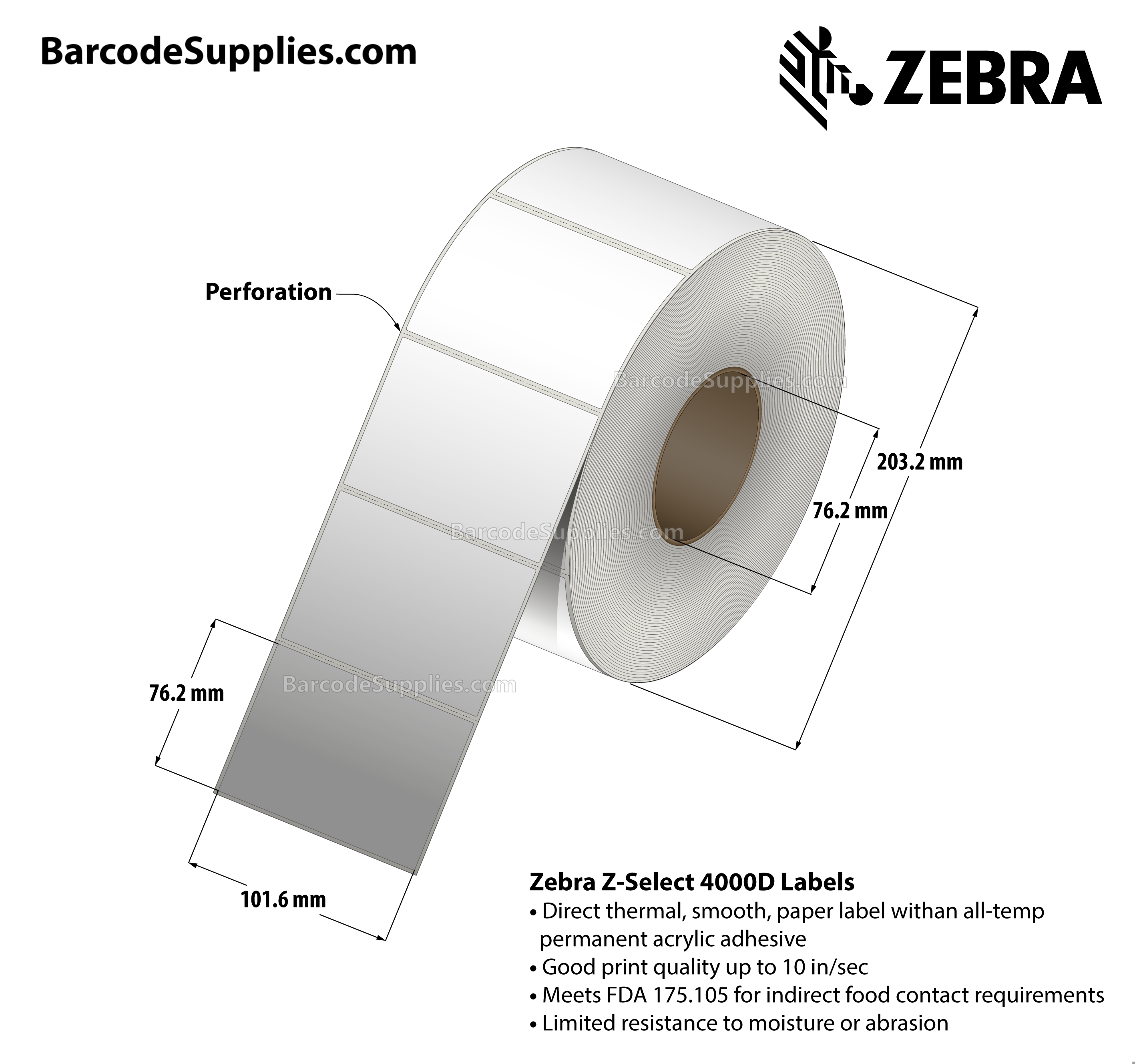 4 x 3 Direct Thermal White Z-Select 4000D Labels With All-Temp Adhesive - Perforated - 2238 Labels Per Roll - Carton Of 4 Rolls - 8952 Labels Total - MPN: 800740-305