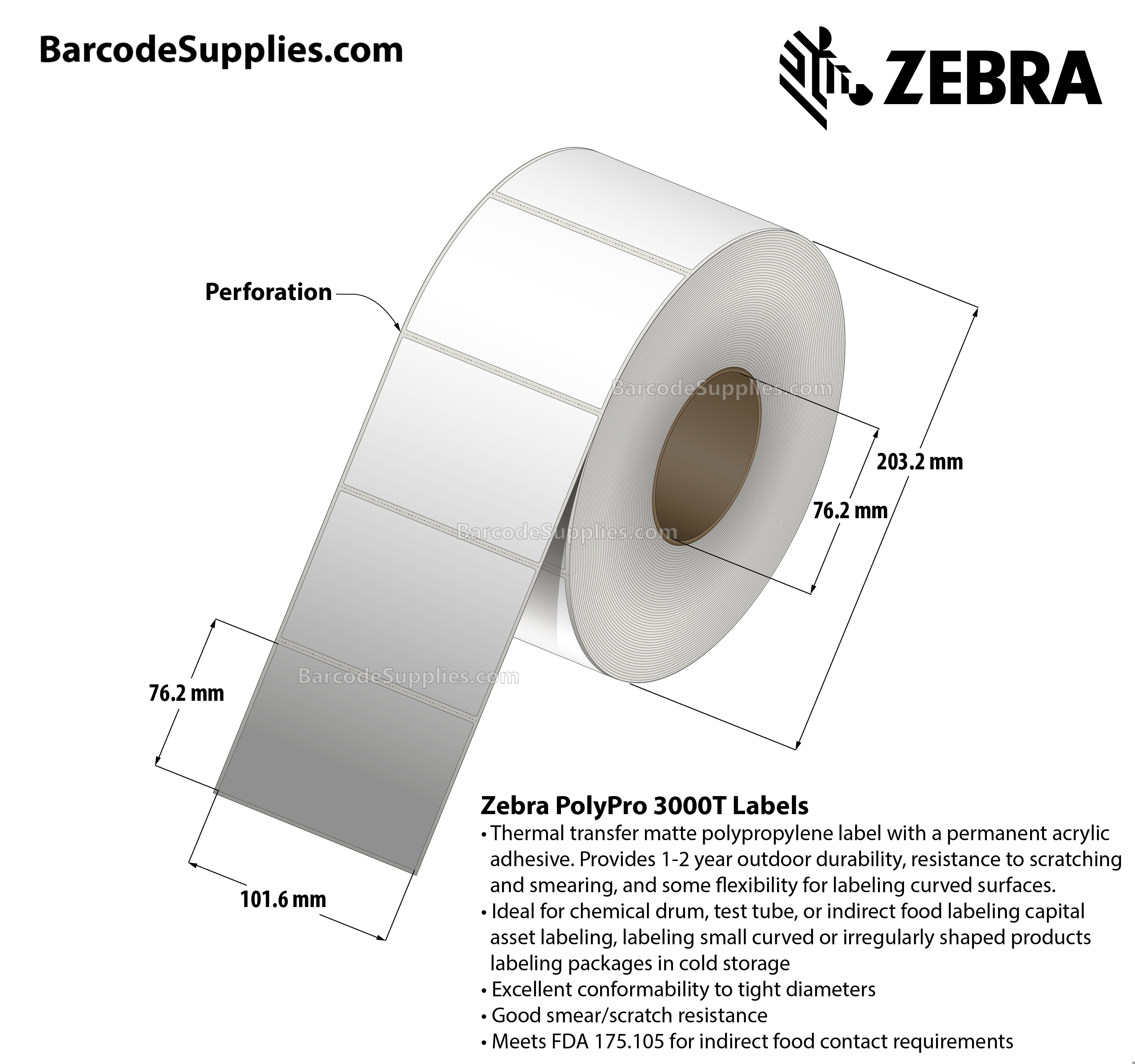 4 x 3 Thermal Transfer White PolyPro 3000T Labels With Permanent Adhesive - Perforated - 1000 Labels Per Roll - Carton Of 1 Rolls - 1000 Labels Total - MPN: 10023336
