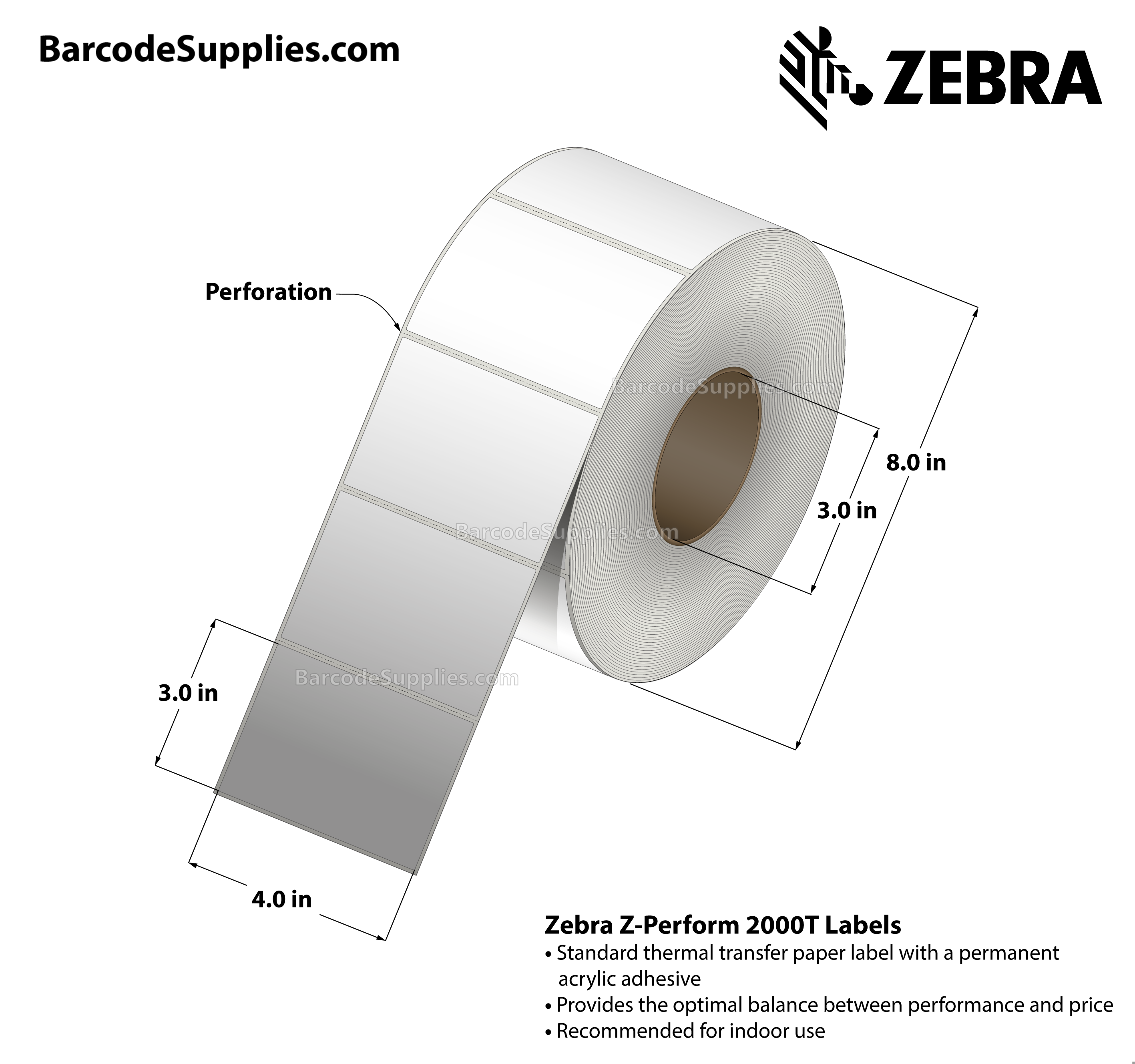 4 x 3 Thermal Transfer White Z-Perform 2000T Labels With Permanent Adhesive - Perforated - 2000 Labels Per Roll - Carton Of 4 Rolls - 8000 Labels Total - MPN: 10000284